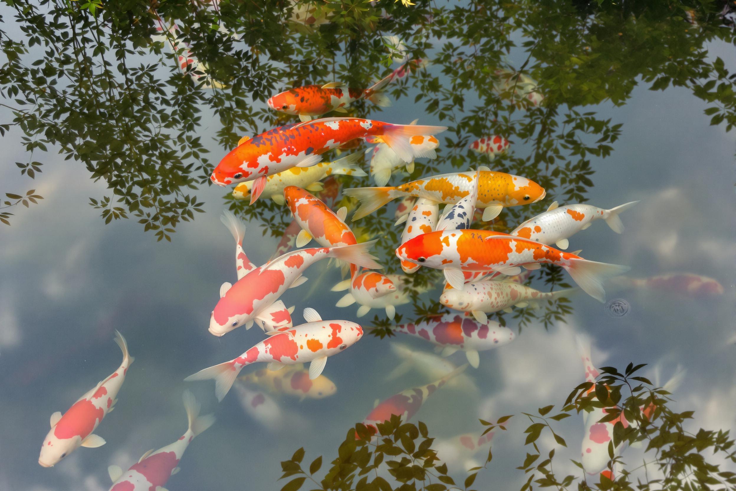 An overhead view captures vividly colored koi fish—reds, oranges, and whites—gliding gracefully within the clear waters of an ornamental pond. Subtle ripples distort their reflections alongside faint glimpses of sky and dangling leaves. The softly-lit aquatic scene combines vibrant hues, fluid motion, and calm watery depths.