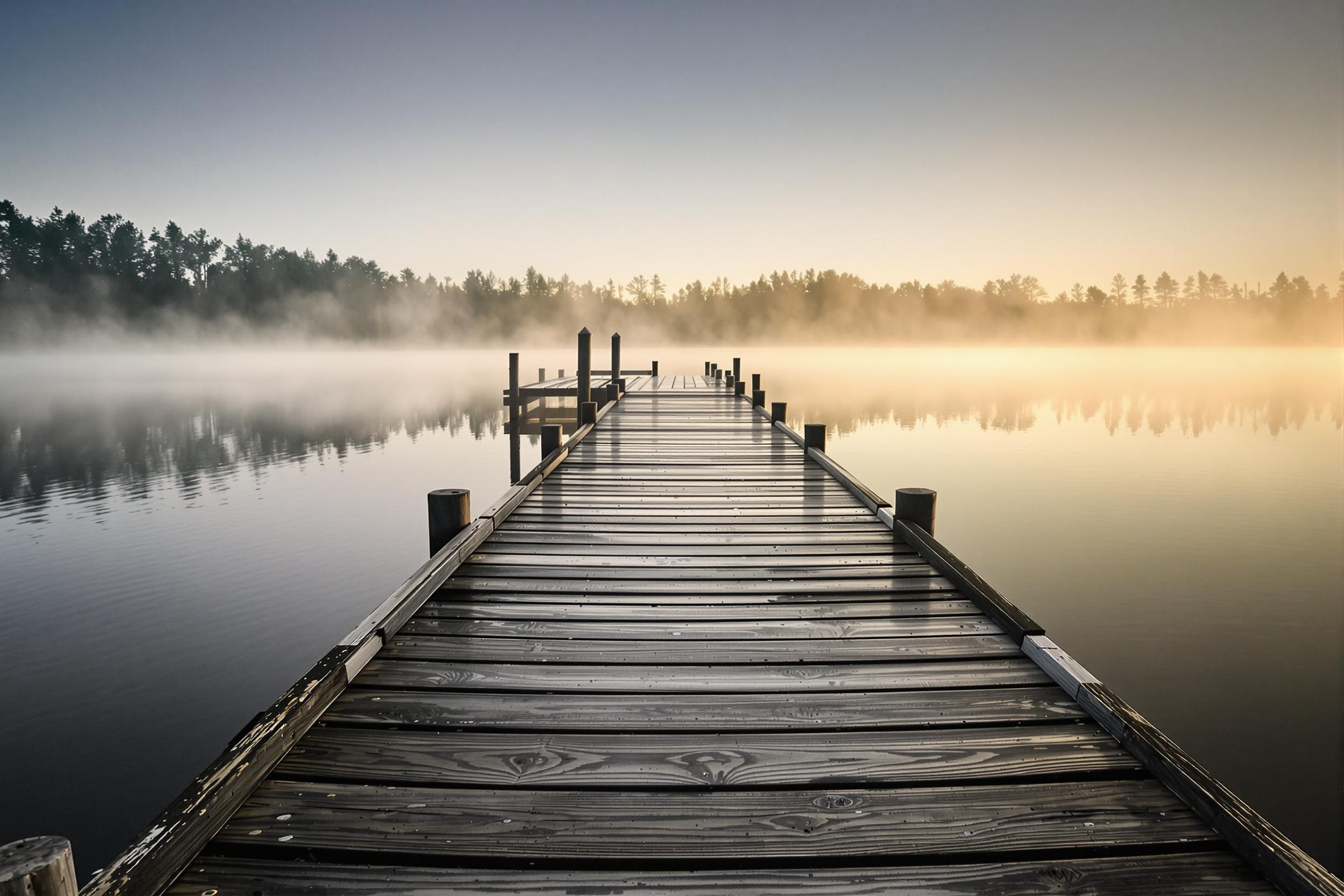 A tranquil boat dock stretches out over the still waters of a misty lake, bathed in the soft glow of early morning light. Wisps of fog gently envelop the shore, creating a dreamlike ambiance. The weathered wooden planks of the dock glisten with moisture, contrasting beautifully against the serene backdrop of reflected trees and the glowing horizon.