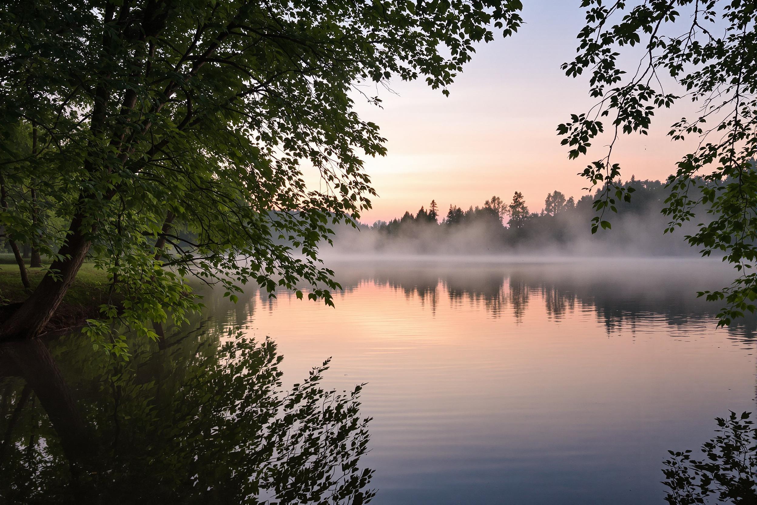 A serene lake reflects the first light of dawn as soft mist rises gently over the water's surface. Tall trees with lush green leaves frame the scene, while the sky transitions through pastel hues of pink, orange, and purple. Ripples in the water create delicate patterns that mirror the awakening nature surrounding the lake, enhancing the tranquility of the moment.