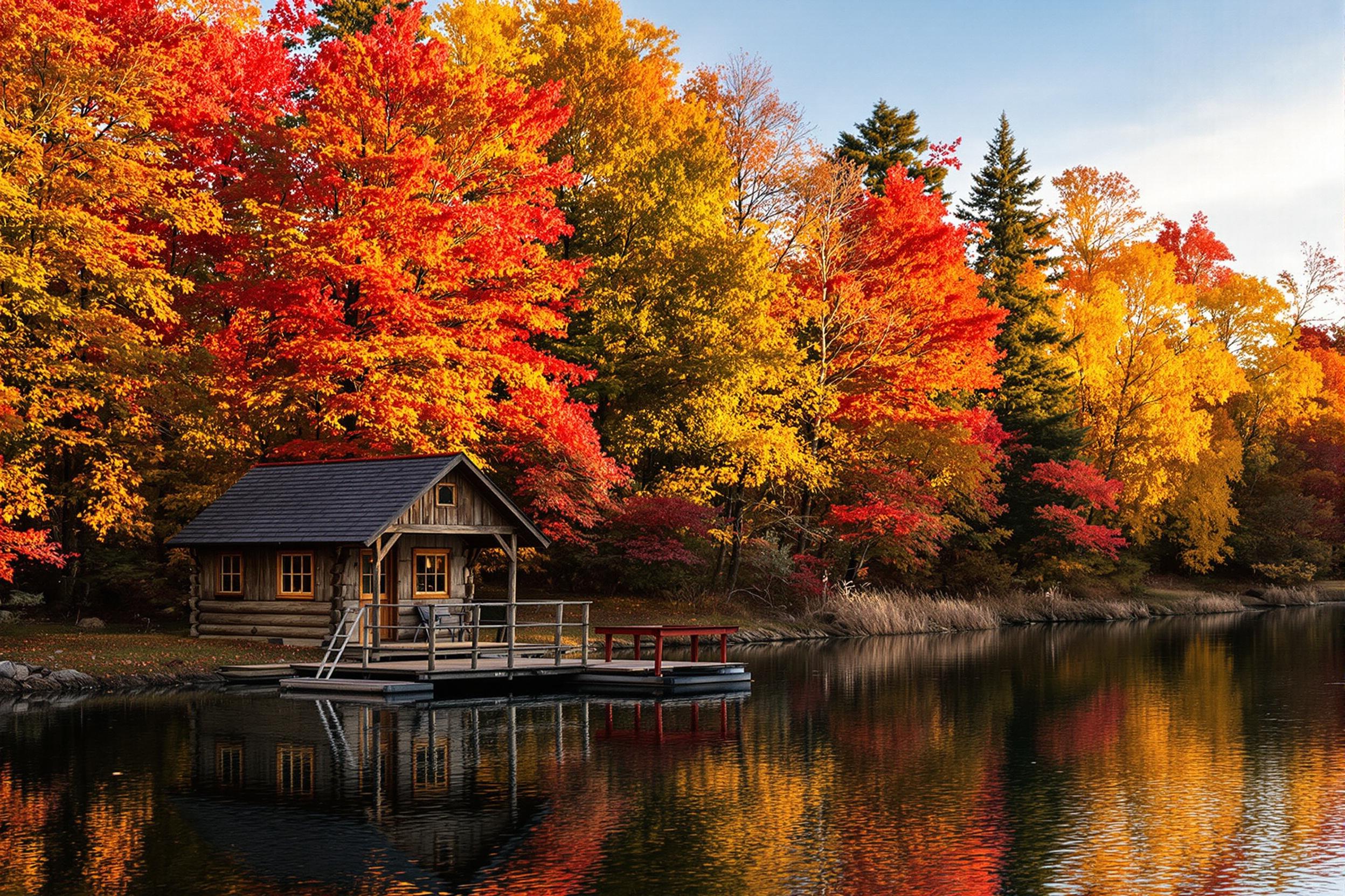 A rustic wooden cabin sits peacefully by the edge of a tranquil lake, framed by vibrant autumn trees displaying rich reds, oranges, and yellows. The soft golden hour light casts warm hues across the scene, while the water reflects the stunning foliage, creating a mirror-like effect that enhances the serenity of this idyllic spot.