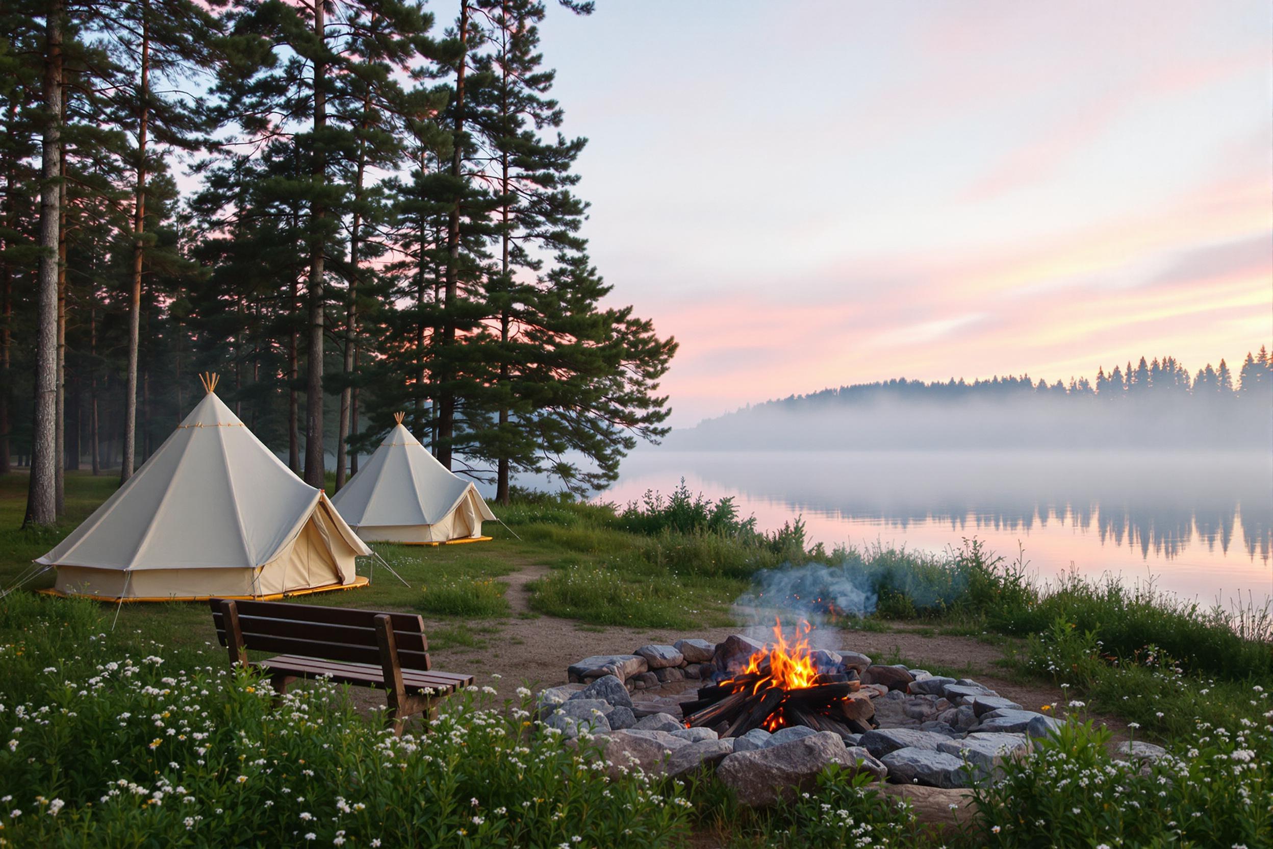 A tranquil lakeside campsite awakens at dawn, where canvas tents nestled among tall pine trees gradually illuminate with soft, golden hues. The still water reflects pastel pinks and blues from the emerging sun. A modest campfire crackles beside a log bench, surrounded by dew-kissed wildflowers. Wispy fog hovers over the water, enriching the serene ambiance.