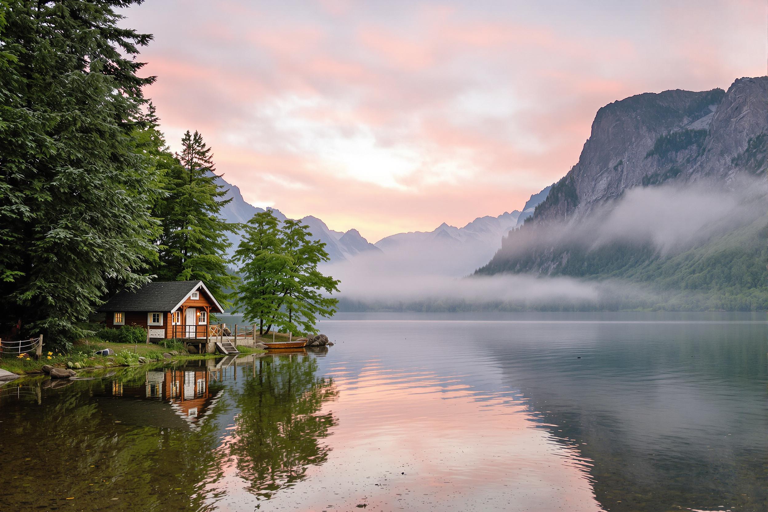 A quaint lakeside cottage stands peacefully beside a still lake, surrounded by towering misty mountains. The dawn sky is painted in soft pinks and blues, reflected gently on the water’s surface. Lush green trees frame the scene, creating a sense of seclusion and tranquility. A hint of morning fog hovers, enhancing the serene landscape.