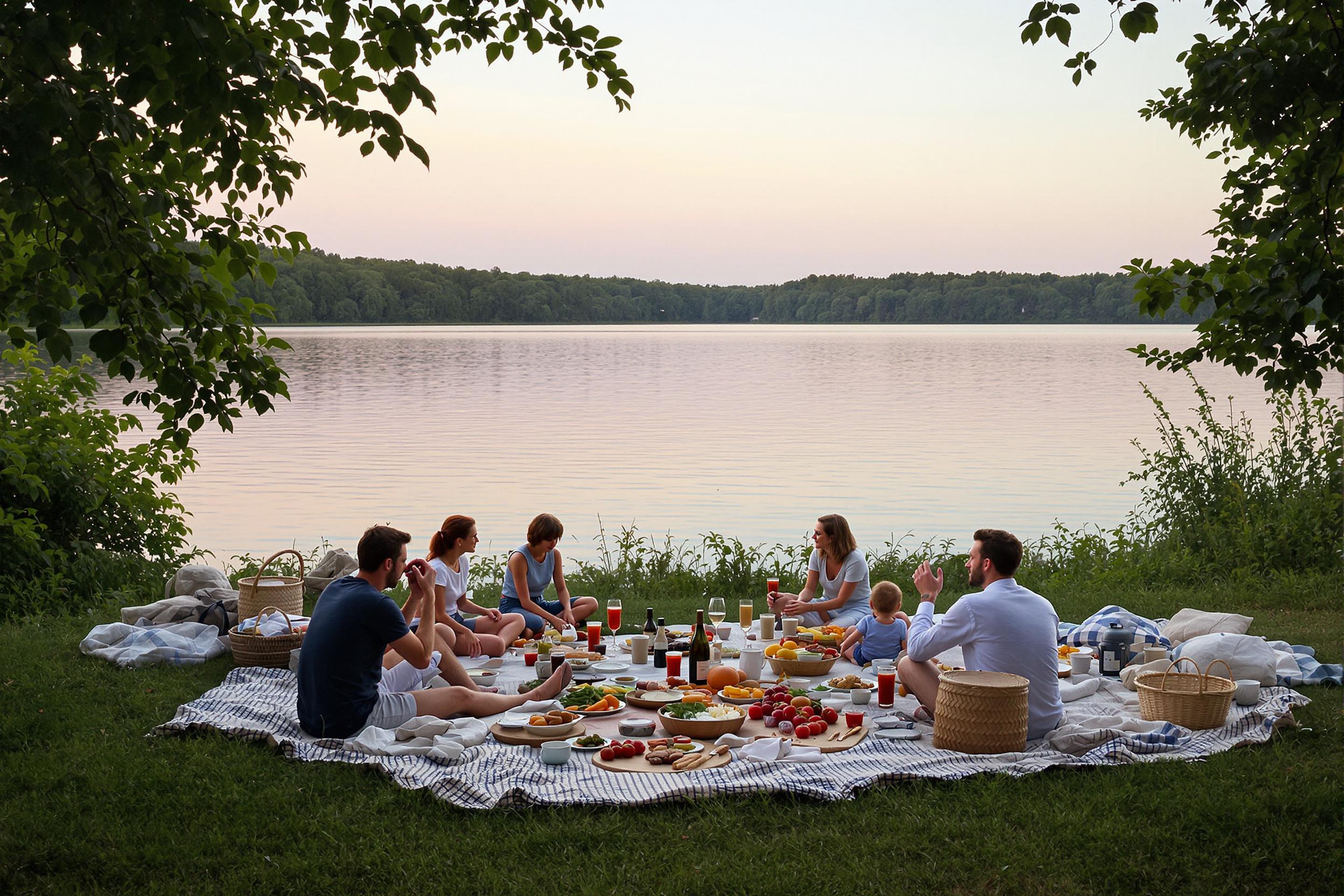 A tranquil lakeside picnic unfolds at dusk, where a soft pastel sky reflects on calm waters. Woven blankets are spread out on plush grass, adorned with an array of delicious foods, while families relax and engage in quiet conversation. Lush greenery frames the scene, enhancing the peaceful atmosphere as gentle ripples ripple across the lake's surface.