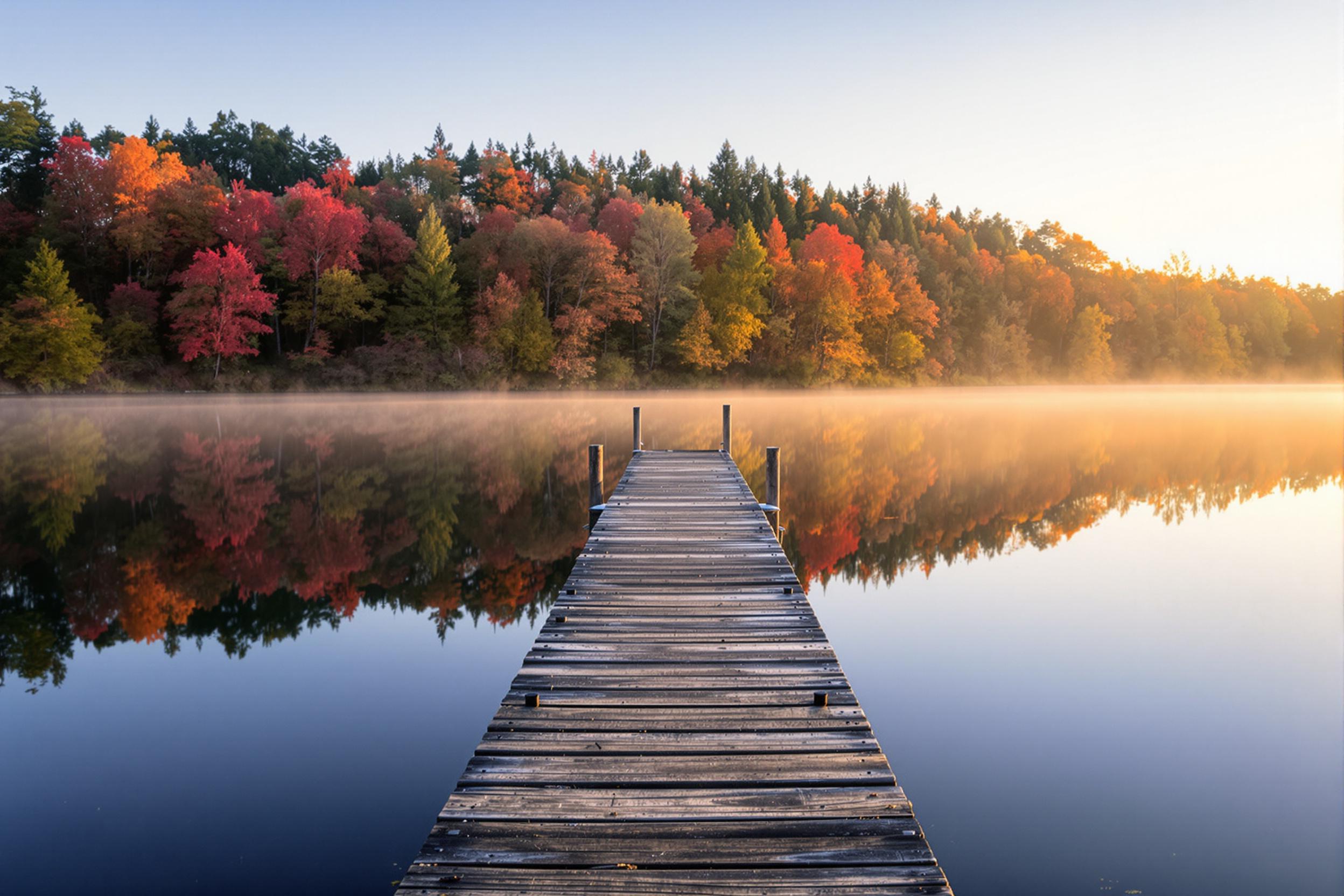 A tranquil lakeside retreat emerges at dawn, showcasing a weathered wooden dock stretching into a mirror-like lake. Surrounding trees, dressed in vibrant reds and oranges from autumn foliage, frame the scene. The soft golden light gently illuminates the landscape, creating harmonious reflections in the calm waters. Mist hovers just above the surface, adding a layer of serenity.