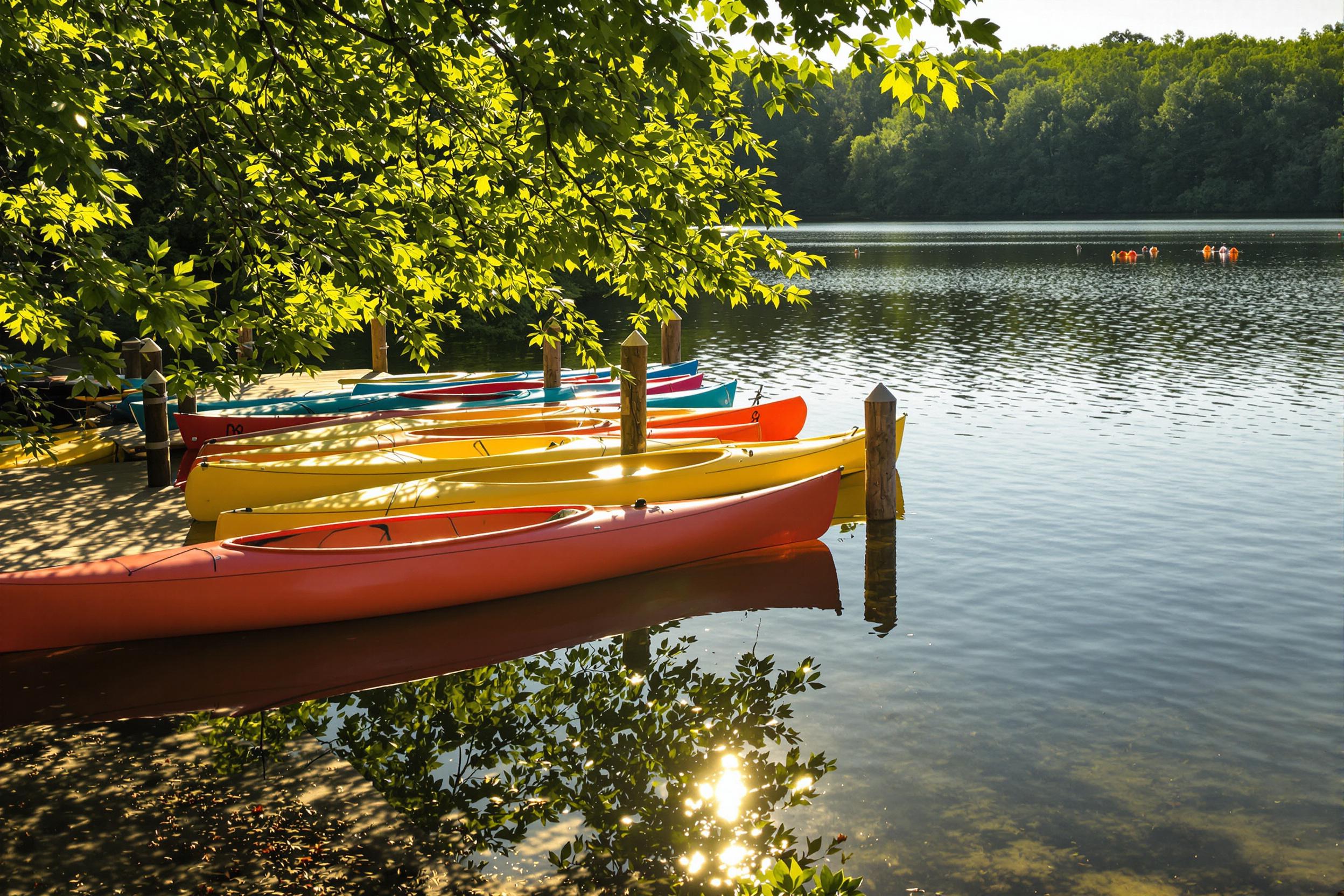 At dawn, a peaceful lakeside scene unfolds. Vibrant canoes and kayaks are secured to a rustic wooden dock, their bright colors mirrored in the glassy water. Lush greenery surrounds the lake, and soft sunlight pours through the leaves, casting dappled patterns on the gentle ripples below. A sense of tranquility invites leisurely exploration amidst nature’s beauty.