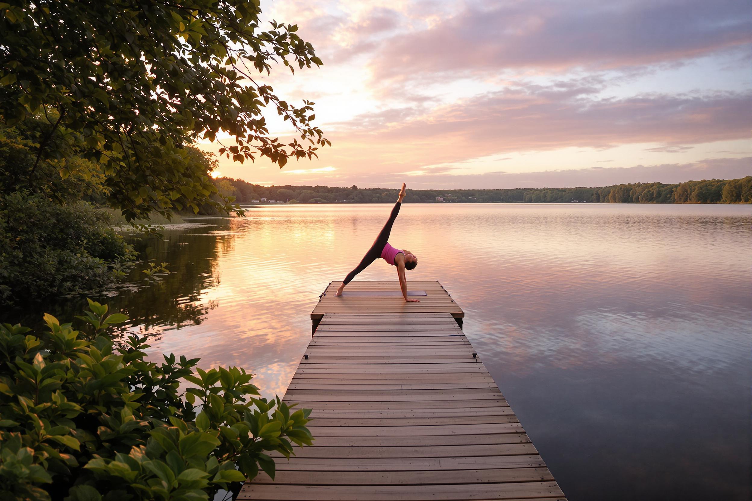 A tranquil lakeside scene captures a serene yoga session at dawn. A practitioner, dressed in comfortable attire, performs a graceful pose on a wooden dock that stretches out over still water. Soft golden and lavender hues reflect off the lake surface as the sun begins to rise. Lush greenery surrounds the area, creating a peaceful retreat amid nature.