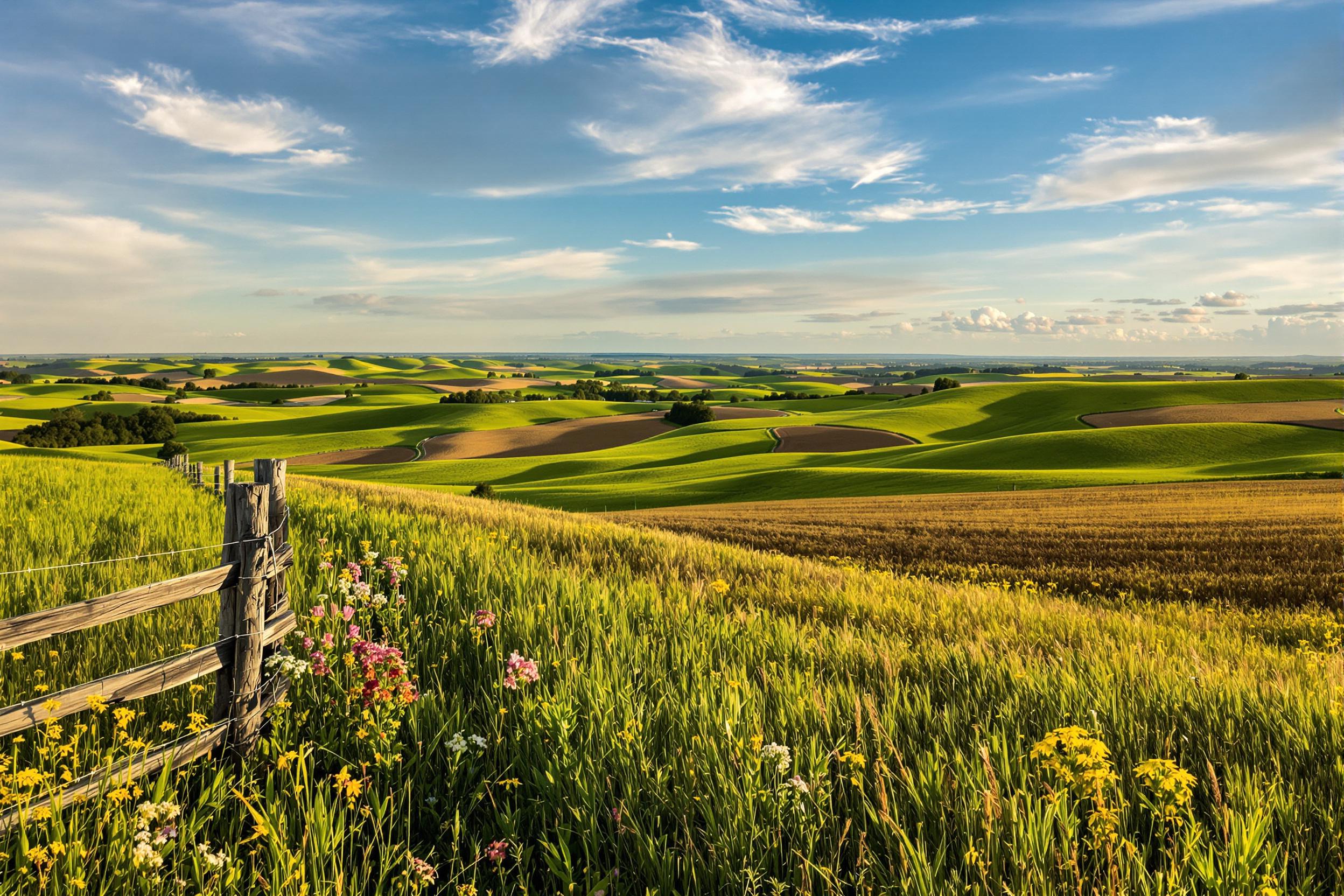 A picturesque rural farm landscape unfolds under the soft, golden light of late afternoon. Rolling hills, adorned with patches of wildflowers, extend into the distance, creating an undulating horizon. Expanses of lush green grass contrast with earthy brown patches, hinting at cultivation. A weathered wooden fence lines one side, adding rustic charm, while sweeping clouds drift lazily in the sky above.