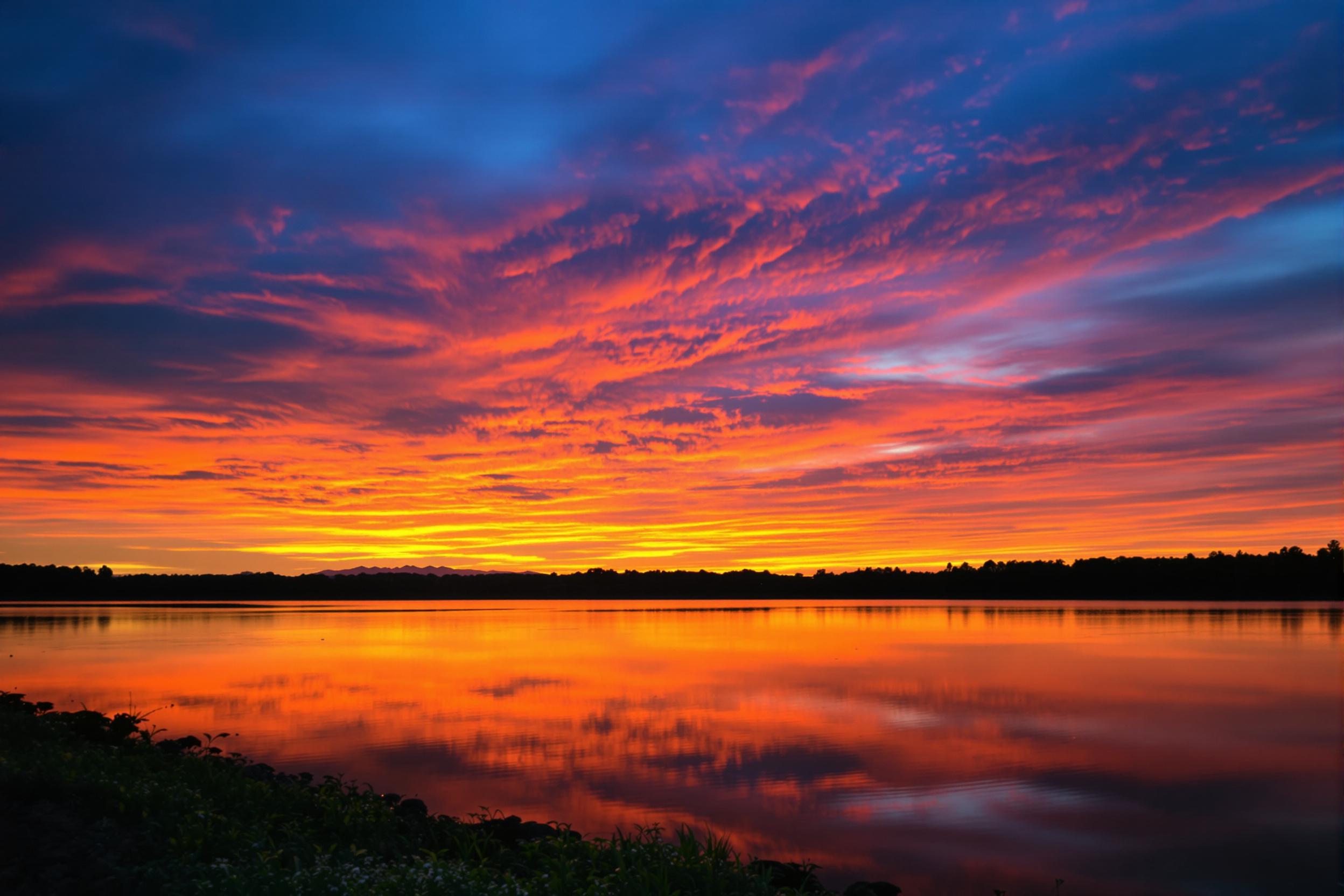 A breathtaking sunset casts vibrant hues over a tranquil lake, reflecting the colorful sky. This serene landscape captures the essence of peace and natural beauty, perfect for relaxation.