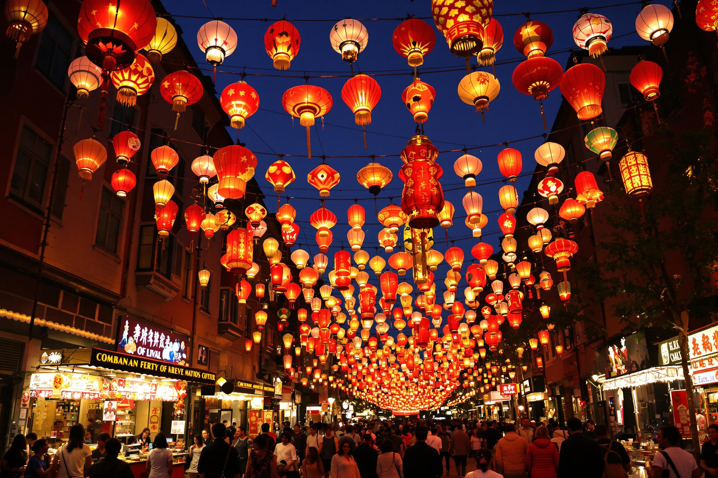 A vibrant lantern festival transforms a city street into a dazzling display of light and color. Thousands of glowing lanterns in varied shapes and sizes hang overhead, casting a warm, inviting glow on the smiling faces of attendees. Vendors offer traditional snacks, while families gather to enjoy the enchanting ambiance under the evening sky.