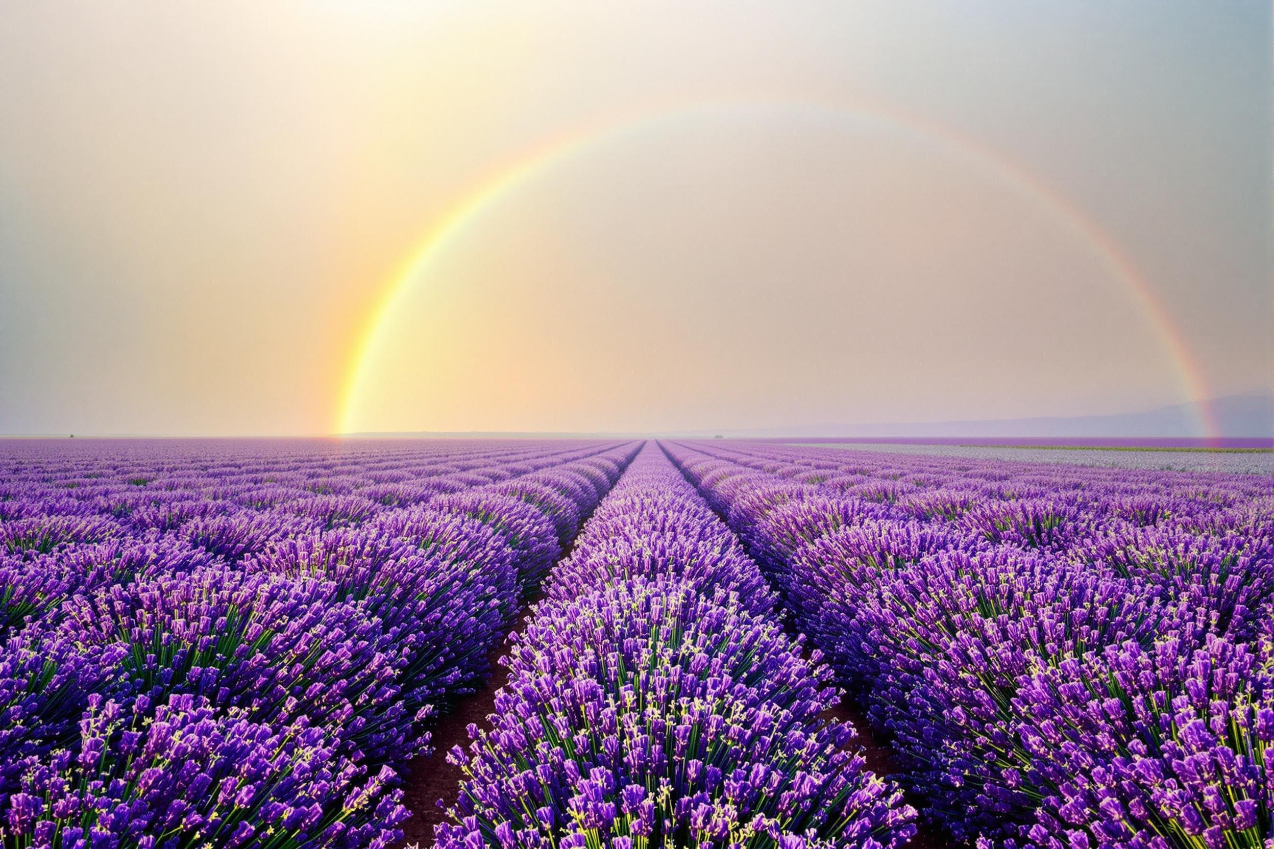 A vast lavender field drenched in a gentle post-rain glow stretches to the horizon. The rich, vibrant purple rows lead the eye toward a luminous rainbow arching against a clearing pale blue sky. Diffused sunlight glimmers off lingering raindrops on the flowers, enhancing the field’s lush textures.