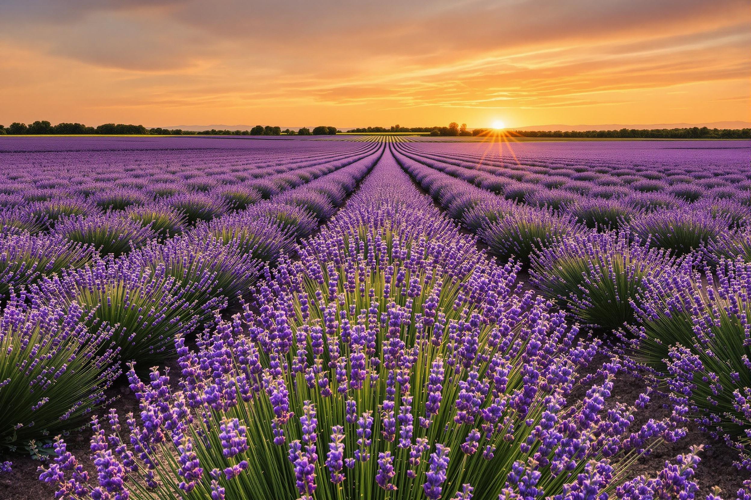 An expansive lavender field stretches towards the horizon, painted in vivid shades of purple and green as the golden sunset casts a warm glow over the blossoms. Delicate rows of lavender create a rhythmic pattern, drawing the eye deeper into the landscape. Wispy clouds above reflect warm hues, enhancing the tranquil allure of this picturesque natural setting.