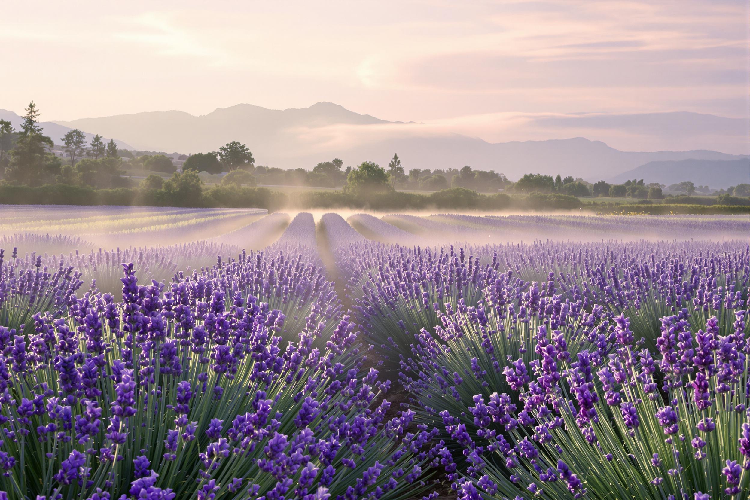 A tranquil lavender field awakens under soft morning light, where rows of purple blossoms stretch towards the horizon. A delicate mist weaves through the air, creating a dreamy atmosphere as droplets glisten on the petals. The landscape’s soothing purples are complemented by hints of green foliage and distant mountains, inviting peaceful contemplation.