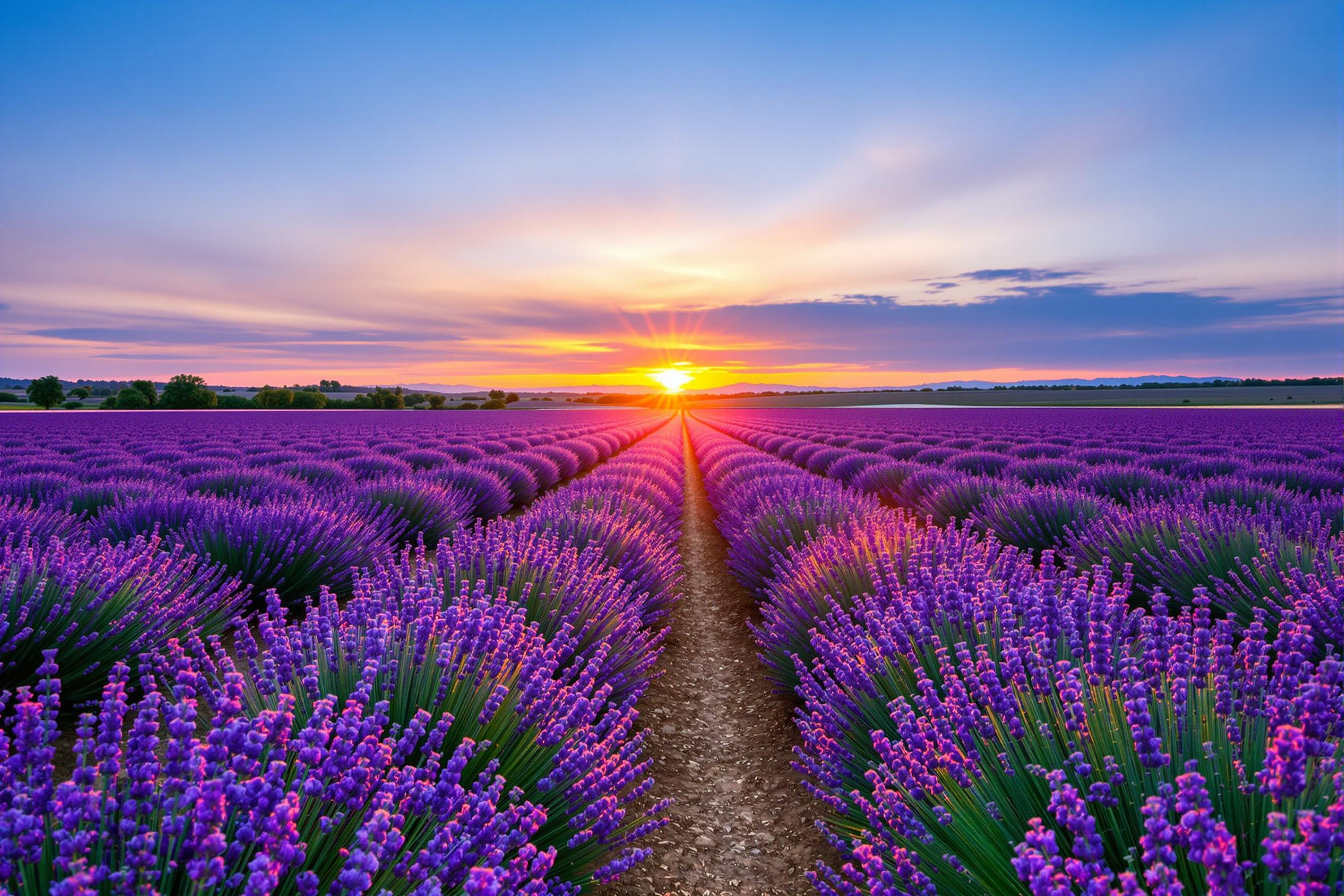 Rows of blooming lavender stretch endlessly into the horizon under a serene, fading sunlight. The evenly spaced bushes create rhythmic leading lines across the scene, their deep purple petals contrasting beautifully with the fiery orange glow of the sky. Soft shadows cast by an approaching twilight frame the composition harmoniously, enhancing depth and natural refinement.