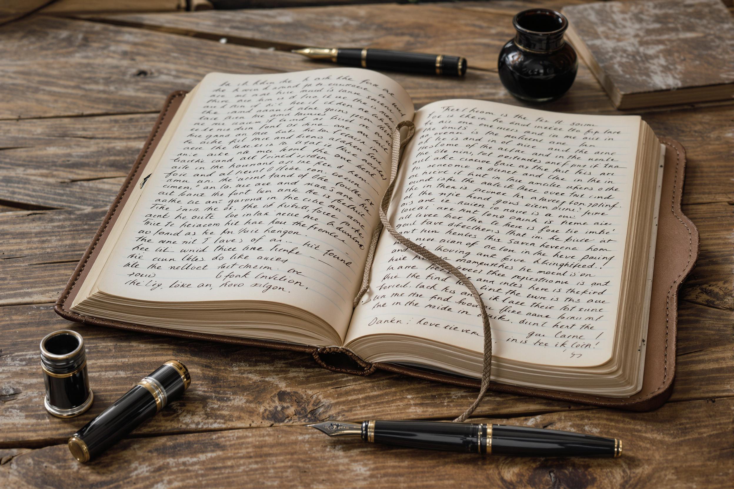 An open, worn leather journal lies on a rustic wooden table, its pages filled with intricate handwritten notes. Surrounding the journal are vintage fountain pens and a small ink pot, their polished surfaces reflecting the soft light. The delicate texture of the journal contrasts with the rough grain of the table, creating a warm, inviting atmosphere rich in history and creativity.