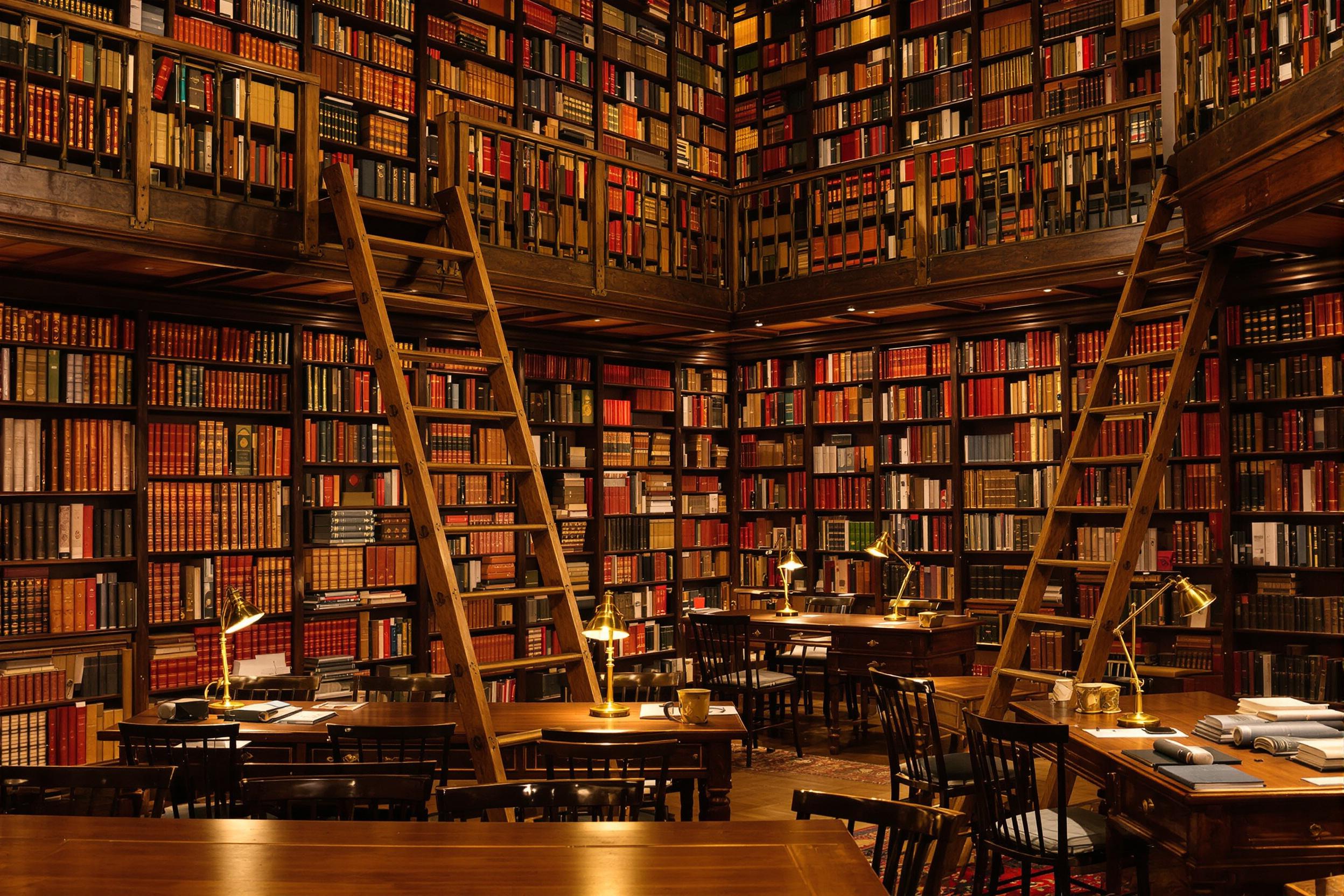 A tranquil and atmospheric library scene featuring floor-to-ceiling bookshelves packed with colorful leatherbound tomes. Reading desks contently shelter under vintage brass desk lamps emitting a warm glow, reflecting faint golden hues on polished wood surfaces. Elegance amplified by scattered wooden ladders leading across balcony parapets contrasting darker backgrounds.