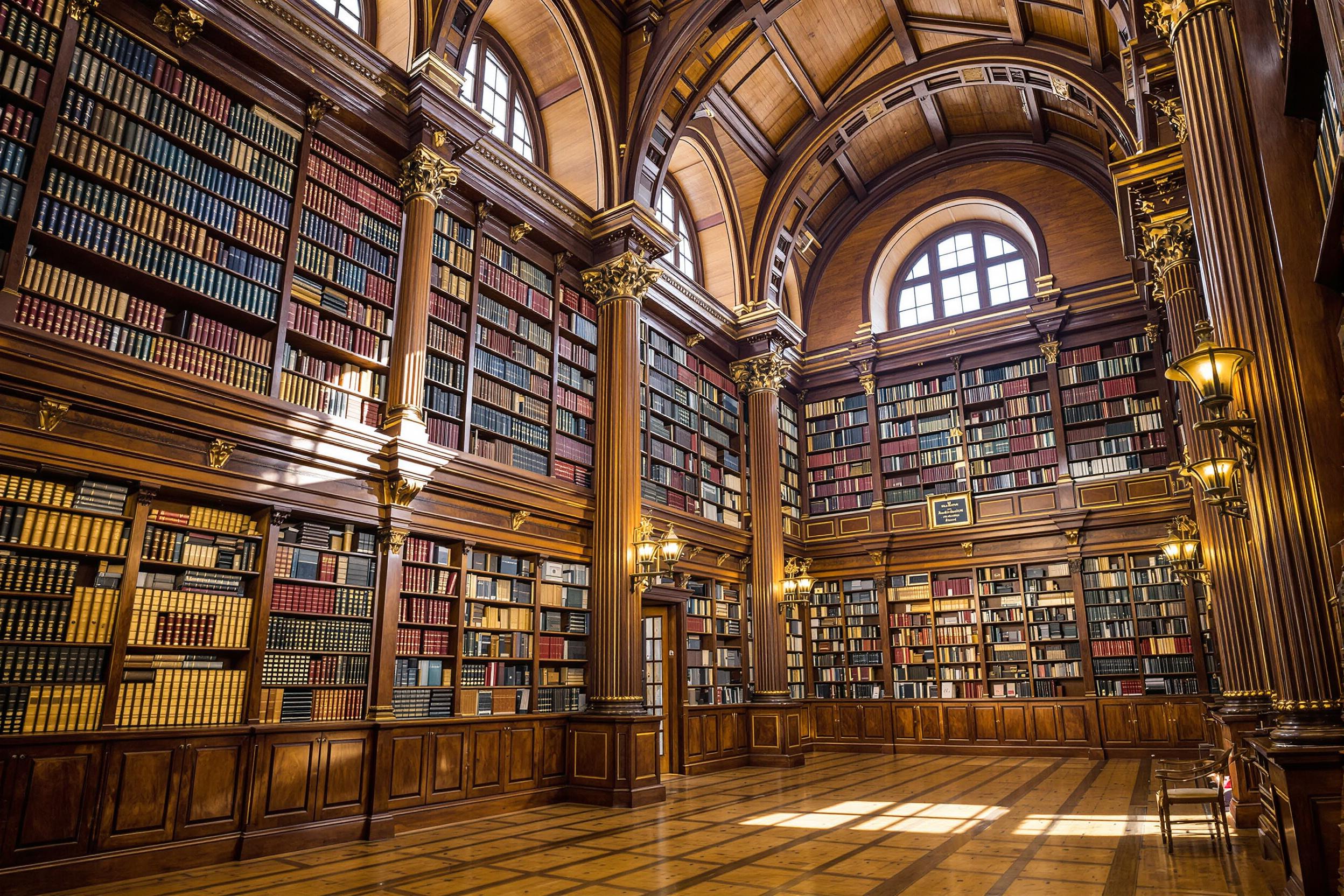 The interior of a majestic library showcases towering wooden shelves filled with antique books, their spines radiating rich hues of burgundy, navy, and gold. Sunlight floods through large arched windows, casting gentle shadows that dance across the polished wooden floor. Ornate columns rise majestically, enhancing the grandeur and inviting quiet exploration of literary treasures.