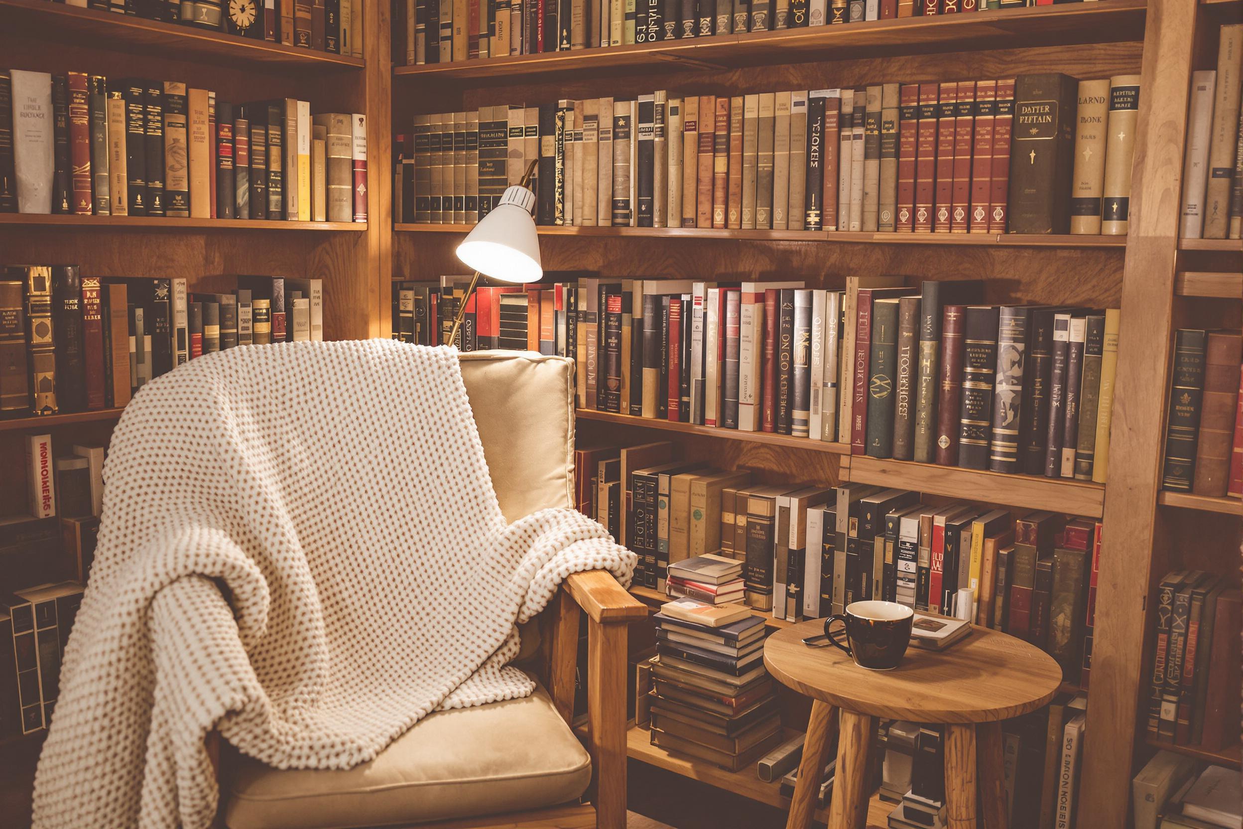 A cozy corner library radiates warmth with an assortment of vintage books lining the walls. A plush armchair, draped with a knitted blanket, invites relaxation beside a small wooden side table holding a steaming mug. Soft lighting from a nearby lamp envelops the area, casting gentle shadows and emphasizing the rich textures of wood and fabric.