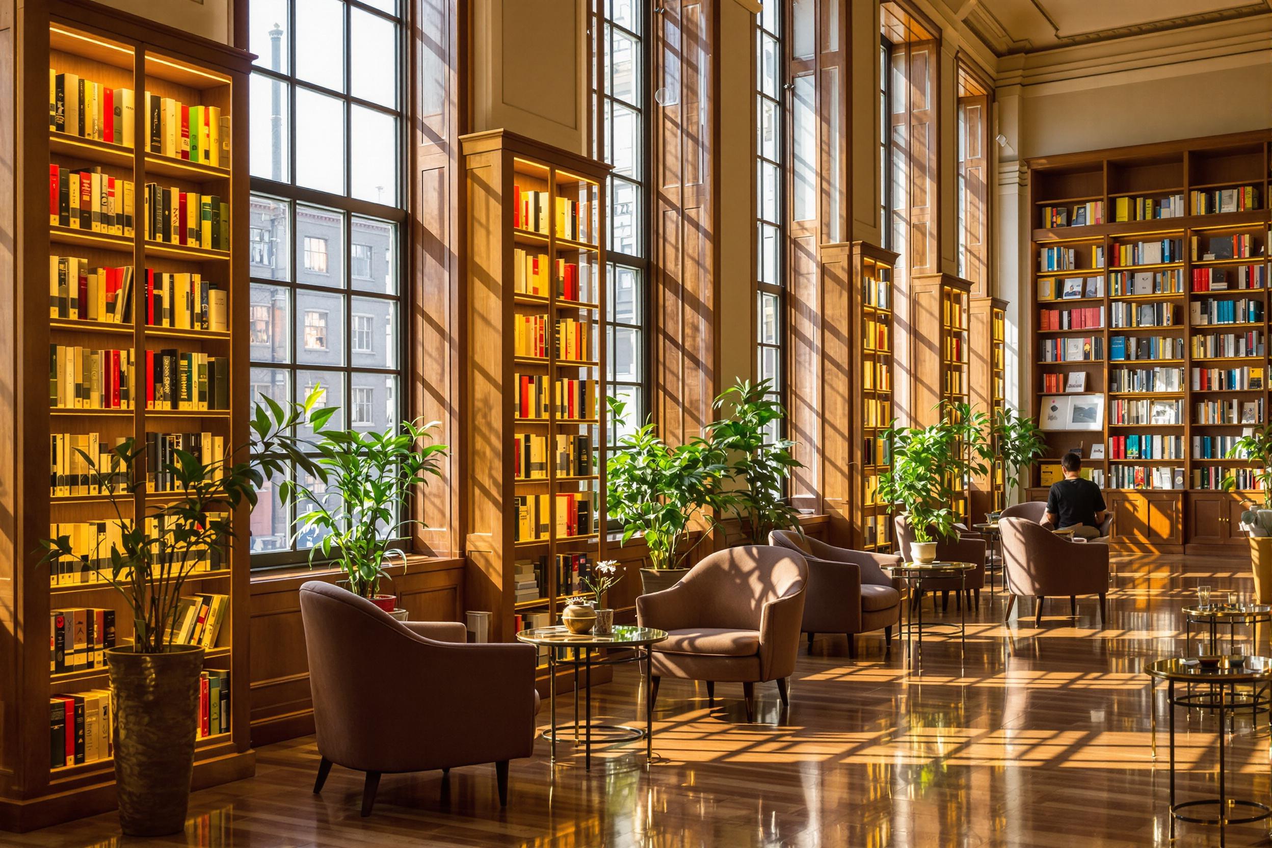 A tranquil library scene features tall windows allowing soft, warm light to filter in, illuminating wooden bookshelves filled with vibrant book spines. Cozy reading nooks with plush armchairs and small side tables create inviting spaces for contemplation. The polished wooden floor reflects the light, enhancing the serene atmosphere as potted plants add touches of greenery.