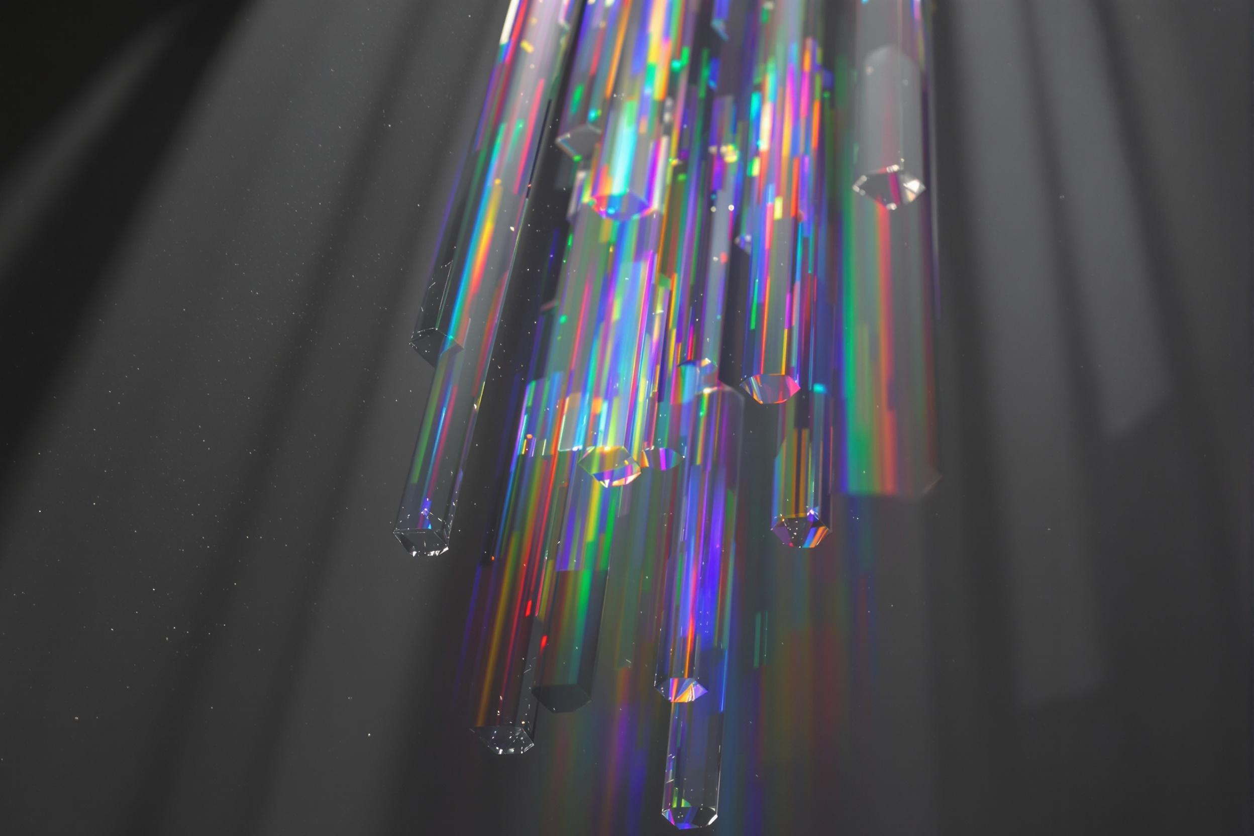 Beams of soft sunlight pass through a cluster of intricate glass prisms suspended mid-air. The refracted light scatters vibrant rainbows across a minimalist dark gray background, creating an ethereal display. Tiny surface imperfections on the prisms add depth and texture, while sharp edges catch the light for a crystalline effect.