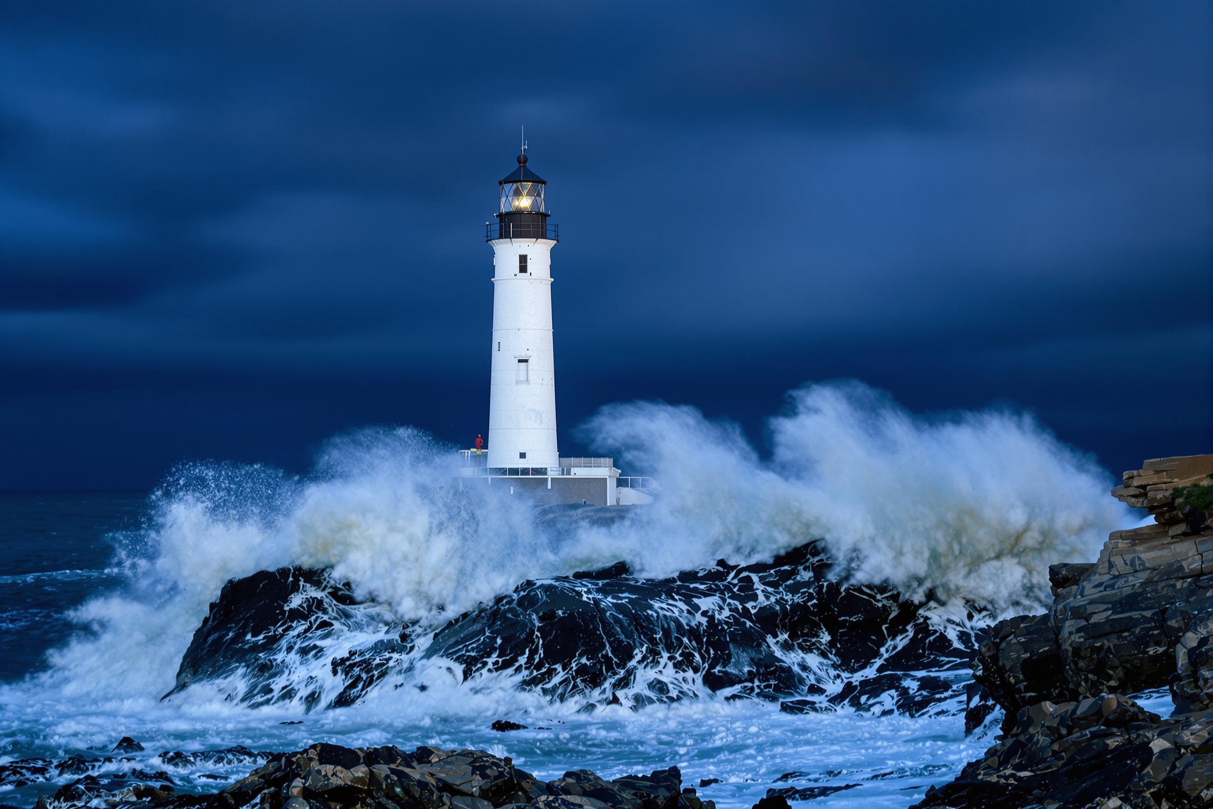 A striking lighthouse stands defiantly against a backdrop of dark storm clouds as waves crash dramatically against jagged rocks below. The scene is set during dusk, with the sky painted in deep blue tones, enhancing the lighthouse's bright white exterior. A sense of turbulence fills the air as sea spray rises, contrasting the calm strength of the lighthouse amid chaos.