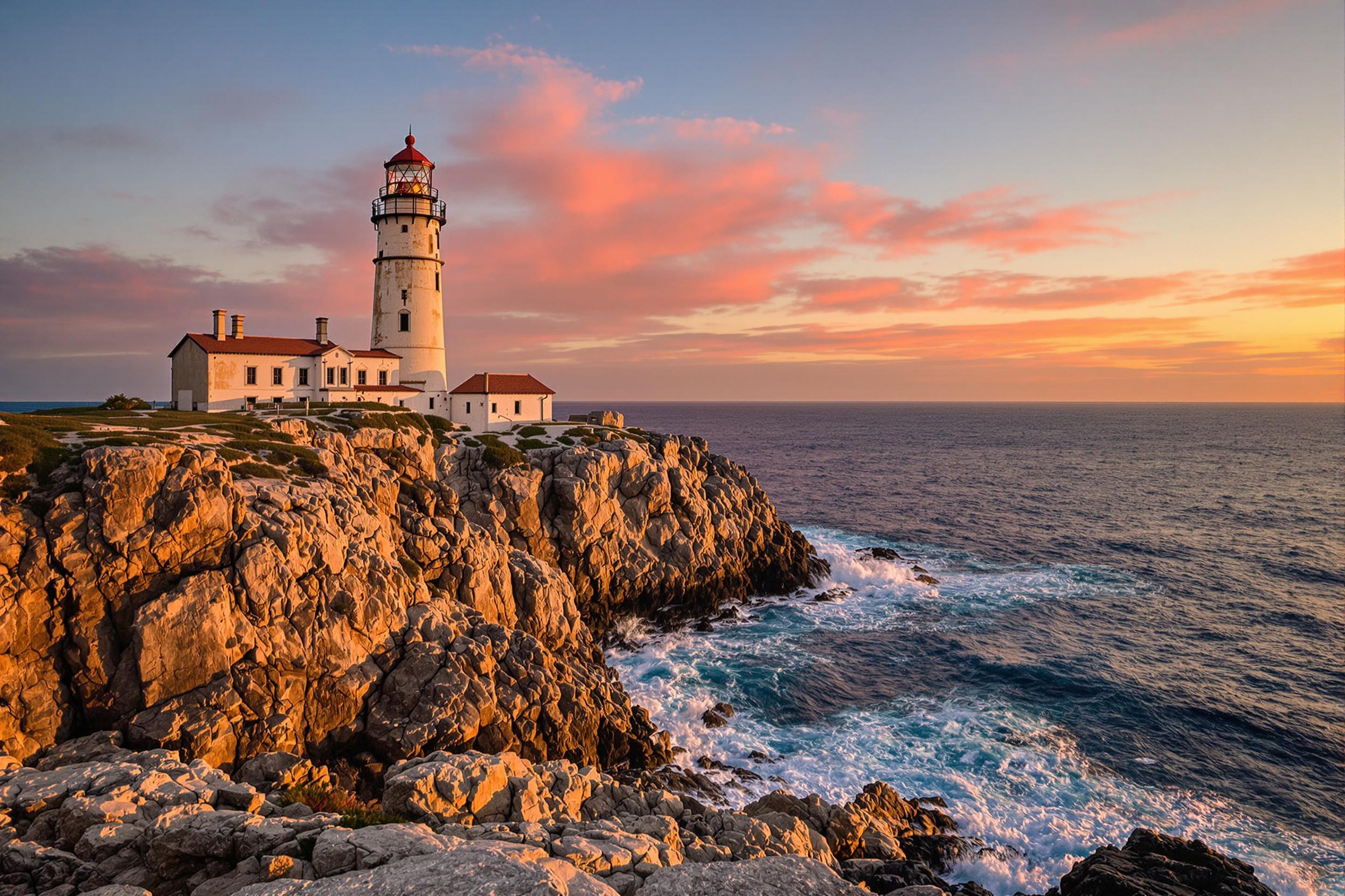 A majestic lighthouse stands proudly atop rugged cliffs as the sun dips below the horizon. Bathed in warm golden light, the weathered structure contrasts against the deep blue ocean waves crashing below. Jagged rocks scatter across the coastline, while wisps of clouds reflect shades of orange and pink, enhancing the scene's drama.