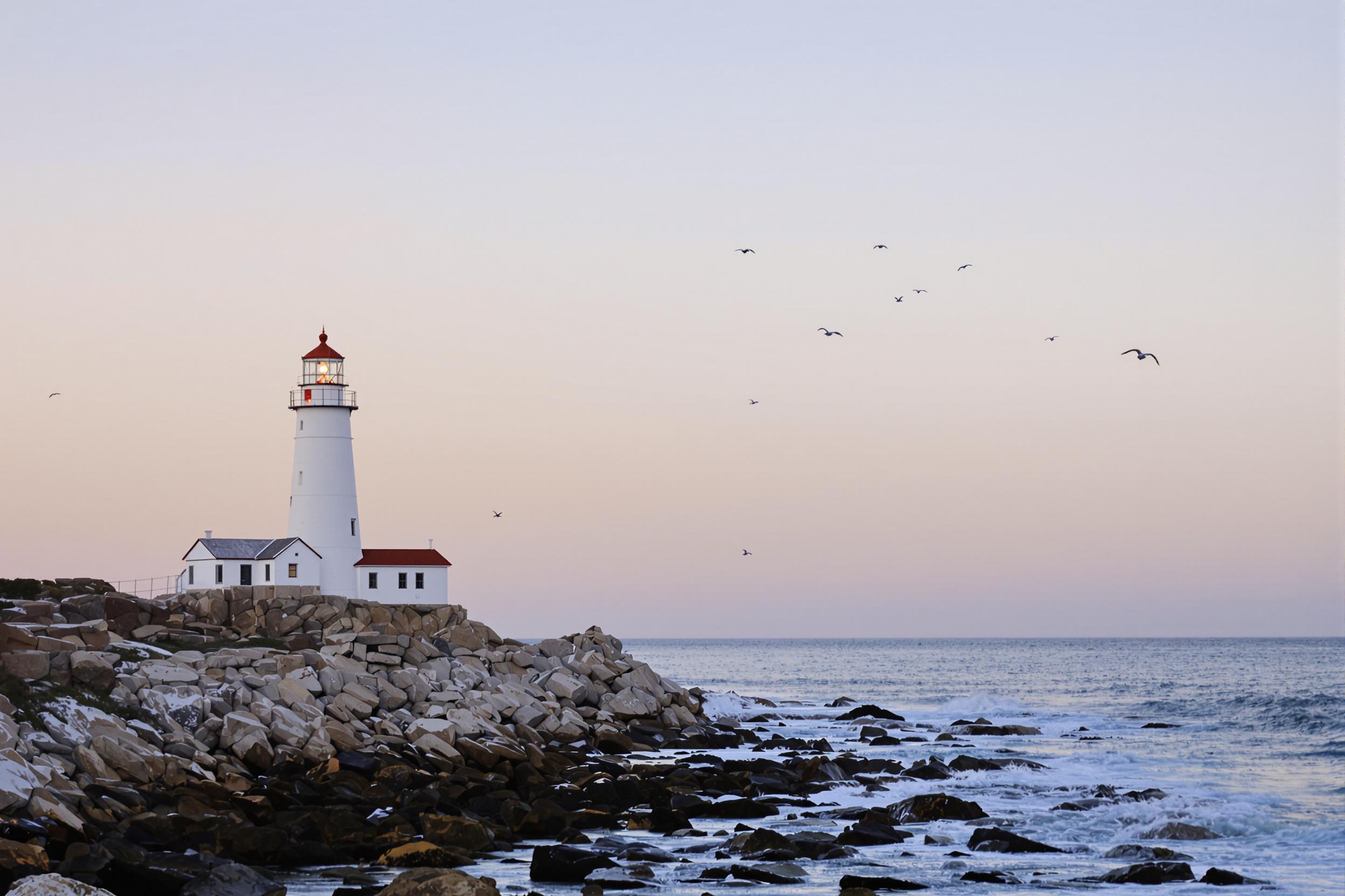 A solitary lighthouse stands sentinel on a rocky coastline as dawn breaks. The structure, painted white with a red roof, contrasts vividly against the pastel sky. Soft waves lap gently at the rocks in the foreground, and distant seabirds glide gracefully overhead. The scene captures a tranquil moment, inviting viewers to appreciate the harmony between nature and maritime architecture.