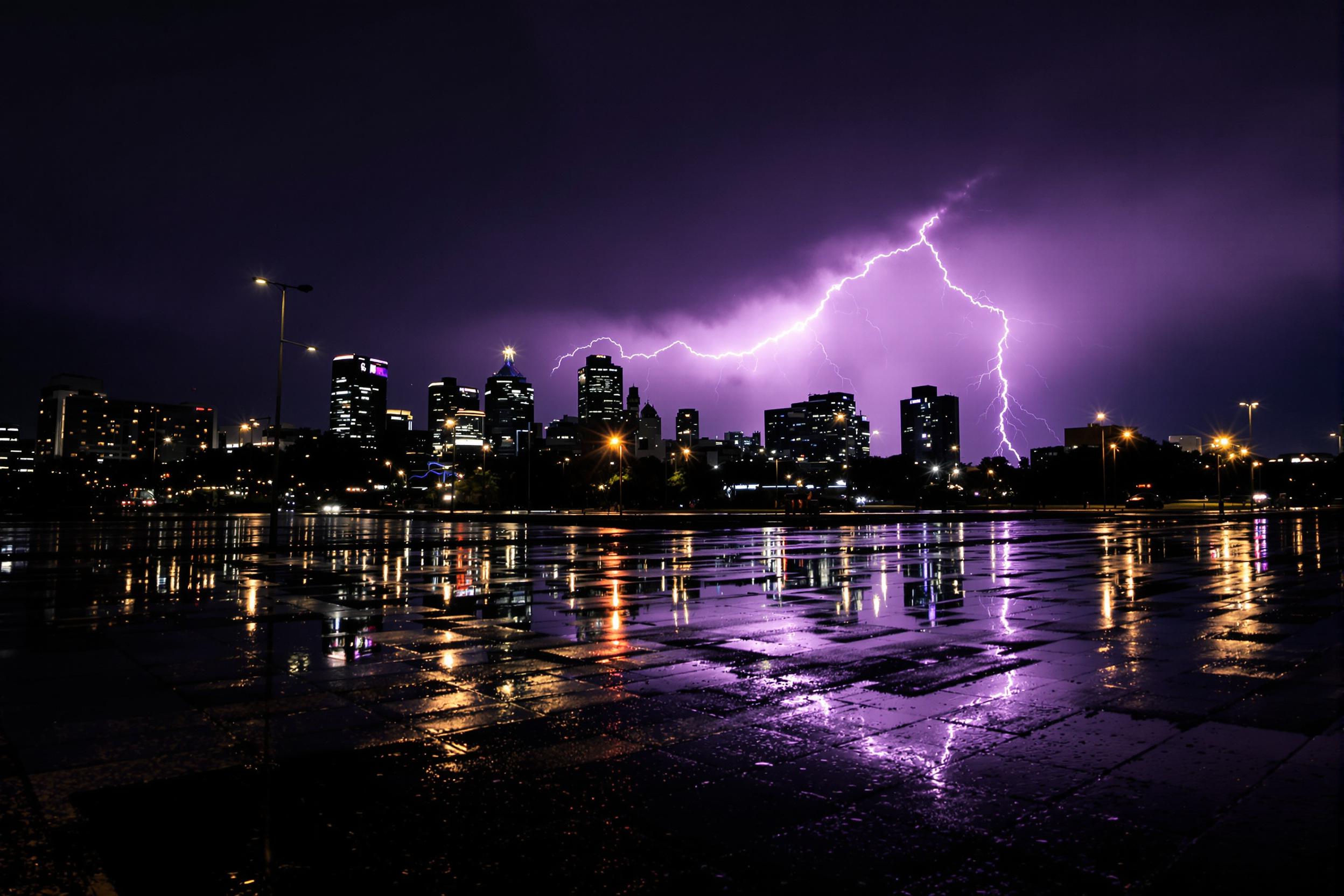 A powerful lightning strike warps the dark skyline of an urban area, captured across reflective, rain-soaked streets. The electric bolt snakes sharply downward onto the horizon, its radiant purple-to-bright-white illumination mirrored vividly on slick, wet pavements. Streaks of dim city lights melt into distorted patterns due to ripples on street surfaces.