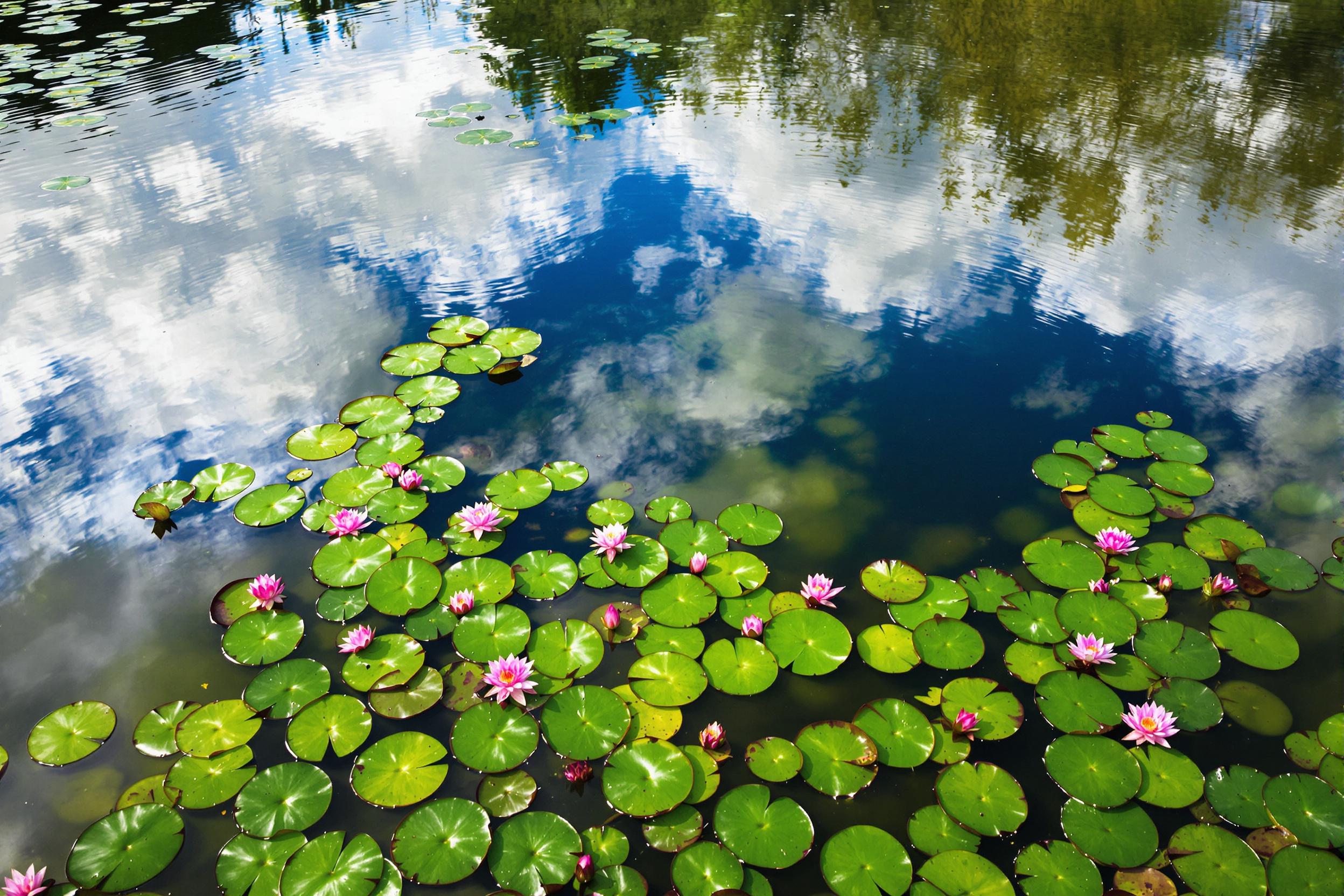 An aerial view captures a serene pond covered with interconnected lily pads, their emerald green surfaces dotted with pink and white blossoming lotus flowers. The calm water reflects a vivid blue sky interrupted by swirling clouds, creating a dreamy, colorful interplay. Delicate ripples add layered textures to the lush aquatic scenery.