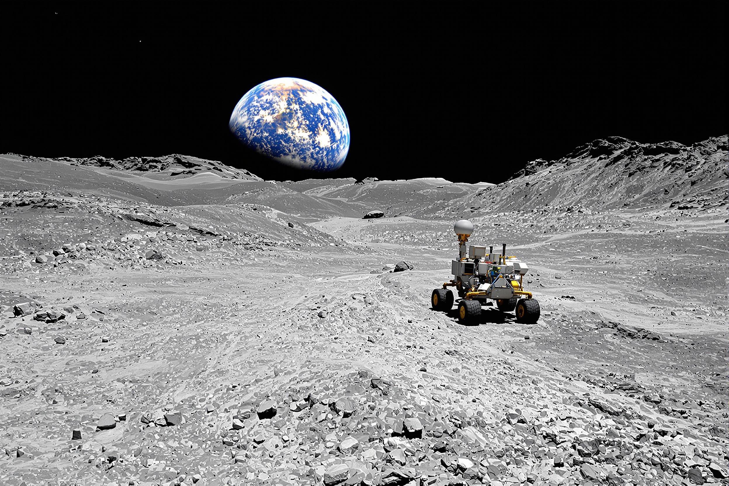 A solitary lunar rover advances across the rocky, grey moonscape under a profound black sky. Jagged terrain casts harsh shadows from a low-hanging sun. In the background, Earth's blue and white silhouette rises at the horizon. Pristine tire tracks mark the untouched regolith, emphasizing humanity's calculated exploration.