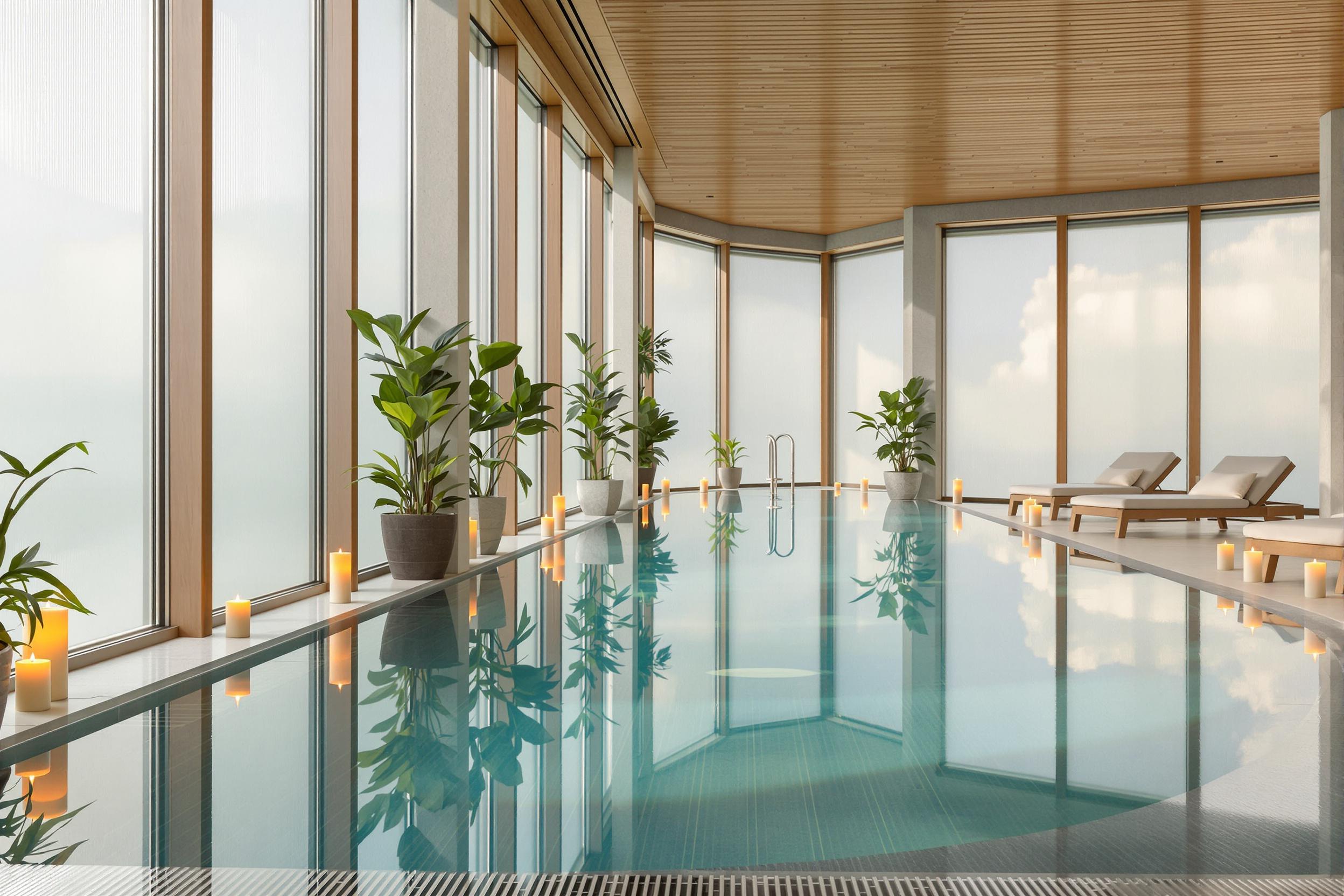 A serene indoor spa with soft natural light streaming through large frosted windows. A sleek infinity pool reflects the warm tones of wooden paneling and cool gray stone walls, creating a harmonious design. Candles flicker softly along the edges, their glow complemented by lush plants adding a touch of greenery. Deep chairs with neutral cushions are neatly arranged nearby, enhancing the tranquil ambiance.