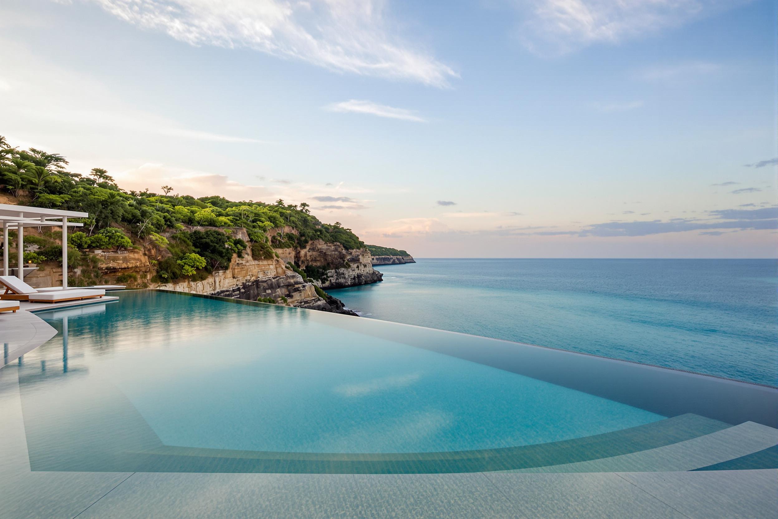 A coastal infinity pool stretches toward the horizon where a tranquil ocean meets a pastel-toned sunset. The expansive turquoise water mirrors delicate sky hues while merging seamlessly with the vista, perched atop lush cliffs adorned with tropical greenery. Sleek, minimalistic loungers flank the pool creating an atmosphere of relaxed sophistication.