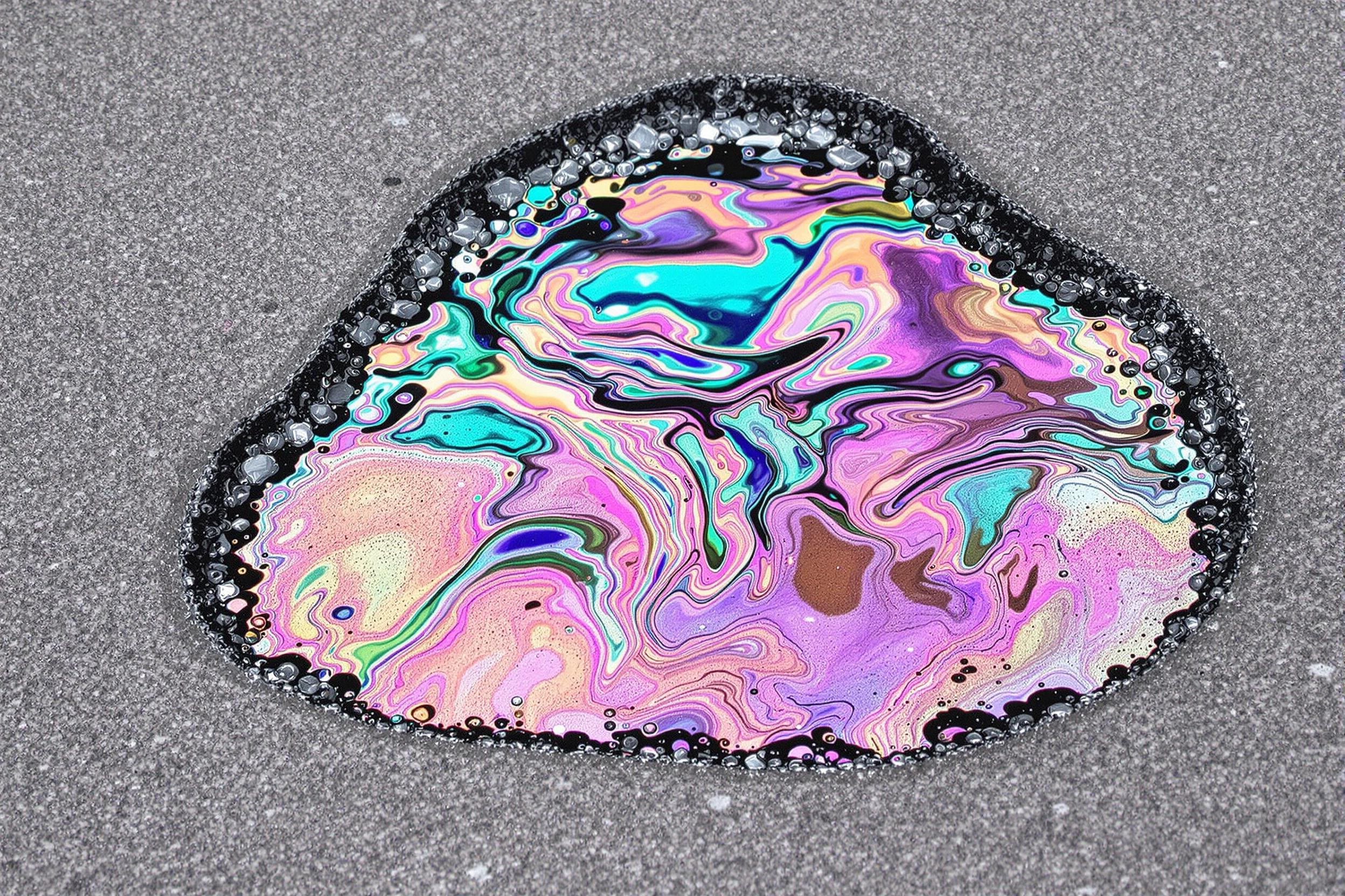 A macro close-up captures mesmerizing waves of oil film floating on a puddle’s surface. Iridescent ripples shift and layer, blending pinks, purples, and greens into a dreamlike texture. The surrounding cool gray pavement frames this prismatic patch in a minimalist yet vividly vibrant visual encounter.