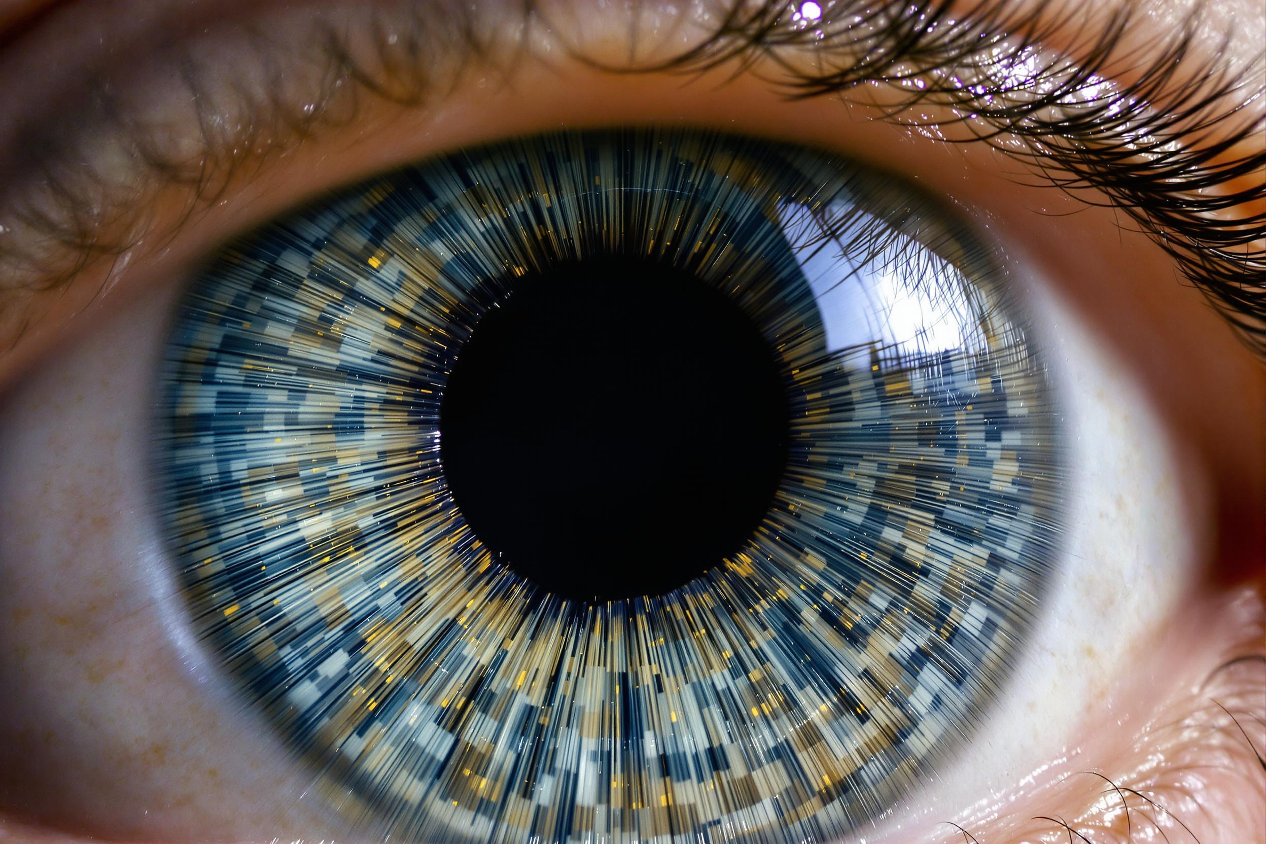 An extreme close-up of a human eye's iris captured with a macro lens. The intricate radial lines radiate outward in shades of blues and greens, dotted by subtle flecks of gold. The pupil stands as a stark, dark contrast at the center. Soft natural light illuminates the rich textures, highlighting the individuality of the organic pattern.