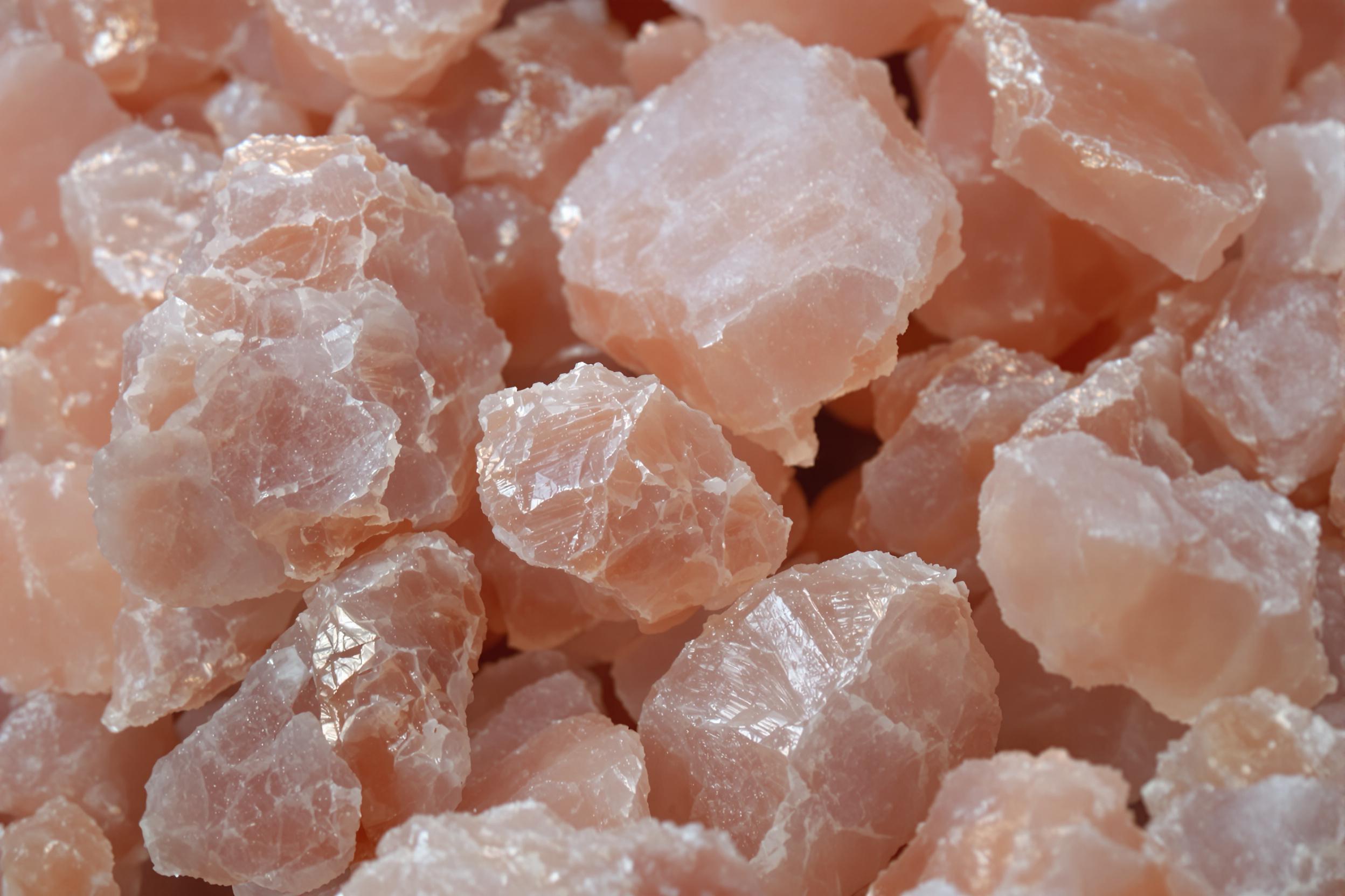 A macro close-up reveals the detailed crystalline structure of pink Himalayan salt. Each crystal displays rough edges and translucent coral hues, while larger chunks exhibit fine striations and unique angular forms. Diffused natural light accentuates their rugged surface, creating a serene composition with subtle peachy tones set against a soft gray background.