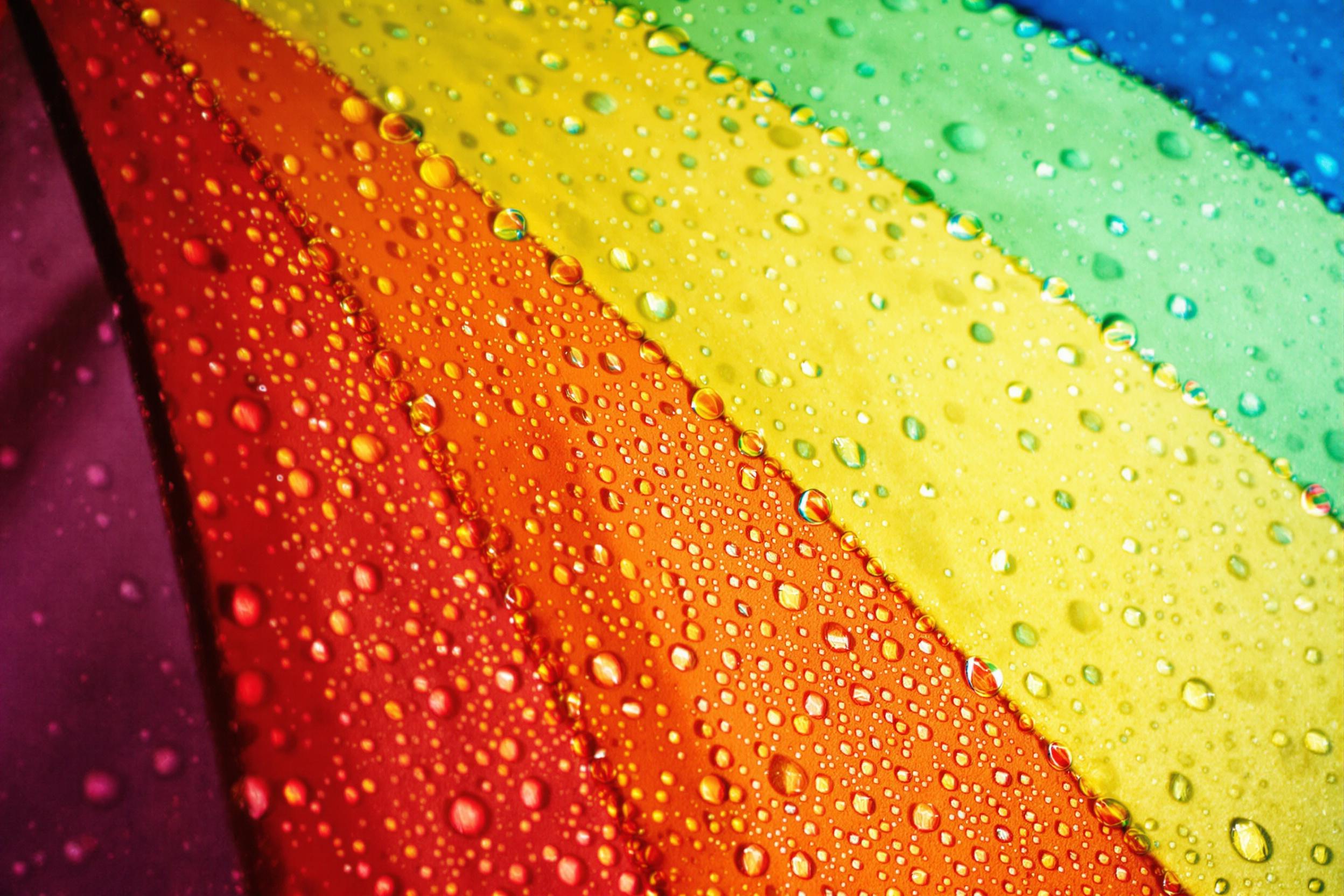 An extreme close-up captures the glossy texture of raindrop-laden fabric in a gradient rainbow-toned umbrella. The droplets form intricate patterns, reflecting tiny distortions of nearby light. Soft studio illumination highlights the rain’s crisp outlines while the vivid background segments seamlessly fade into a softly blurred bokeh.