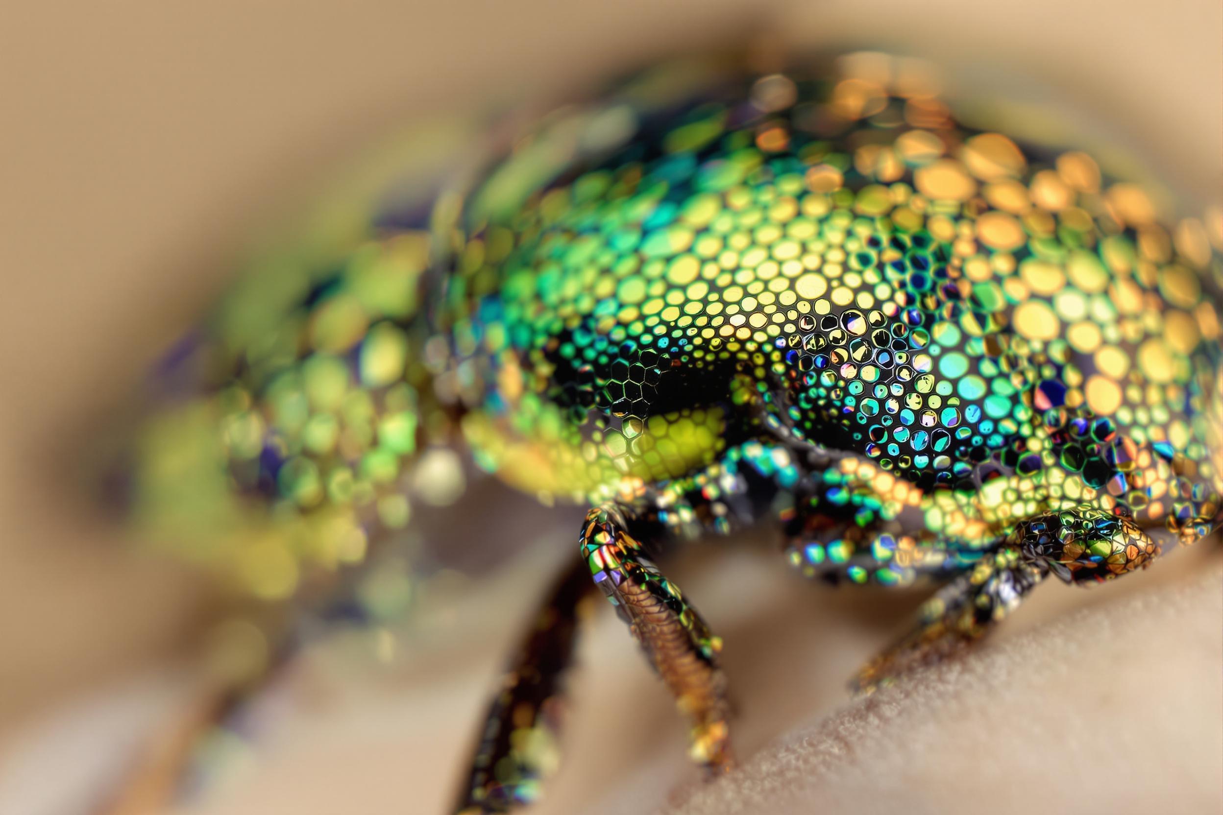 An extreme macro reveals the intricate metallic scales of a beetle's carapace. Reflective iridescent shades transition from emerald green to turquoise and gold. Miniscule patterns shimmer intensely under diffused studio lighting, enhancing fine ridges and delicate indentations. A softly blurred neutral beige background ensures focus remains on the beetle's stunning detail.