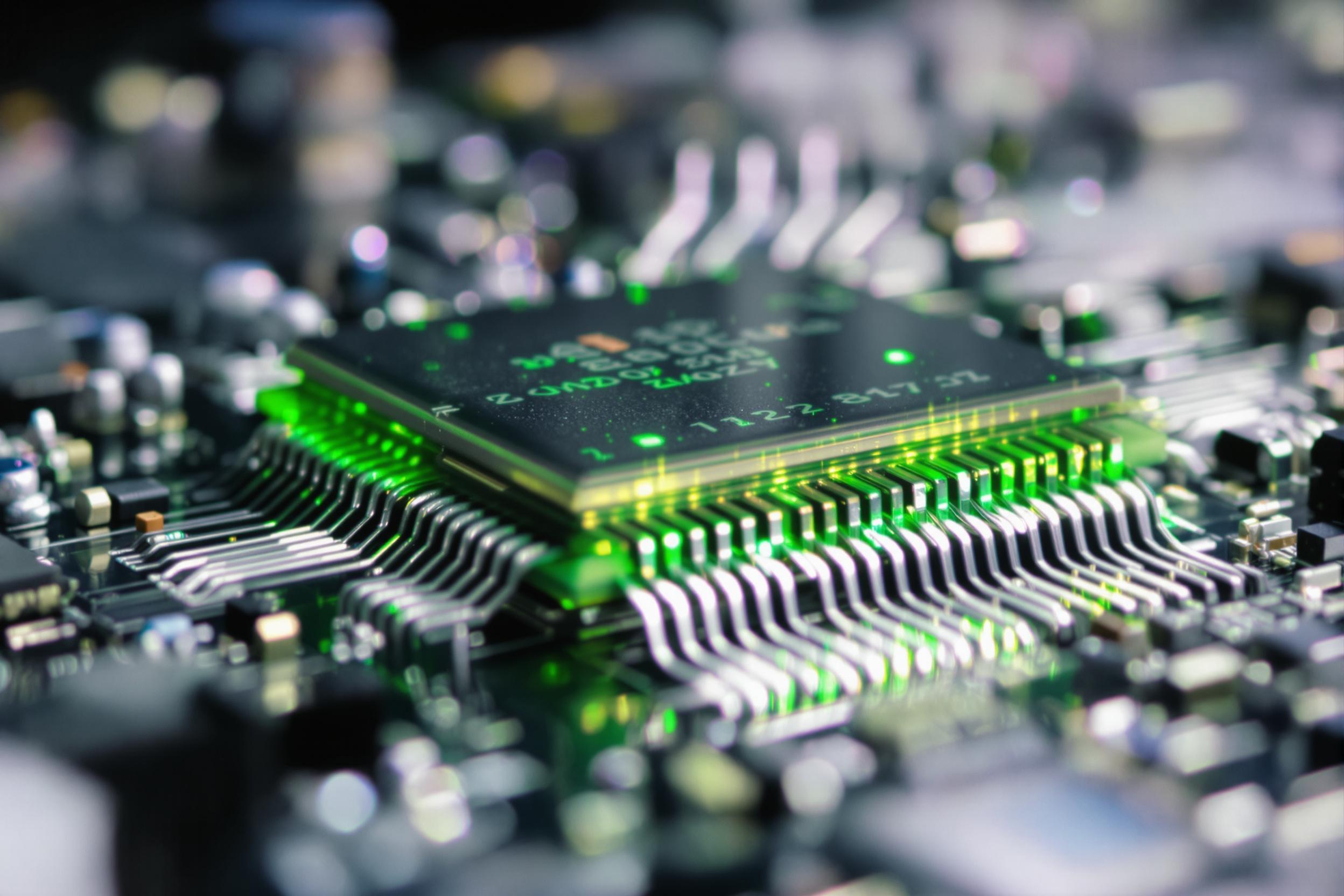 A macro-close-up reveals the intricate layers and components of a modern microchip embedded on a sleek circuit board. Precision soldered metal lines shimmer under focused studio lighting, surrounded by faintly blurred capacitors and resistors. Reflective green and silver tones dominate, evoking futuristic innovation within minuscule details.