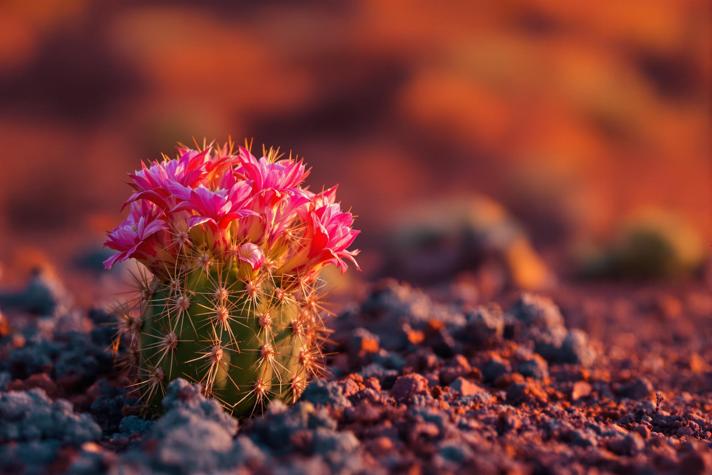 A vivid macro photography showcases a lone cactus flower blooming amidst a rugged desert setting at twilight. The flower's vibrant pink and red petals show intricate textures and are softly lit by the last rays of sunlight, contrasting against its spiny green cactus base. The background fades into blurred tones of orange and purple sands, emphasizing warm hues.