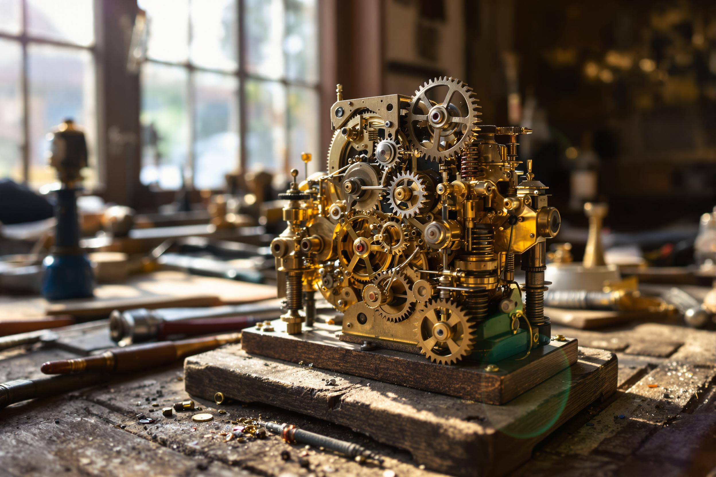 A macro view captures the intricate detail of an antique clockwork mechanism, set atop a weathered wooden workbench. Sunlight streams in through a nearby window, softly illuminating the golden gears, springs, and worn brass materials. The sharp highlight on gleaming surfaces creates depth, while scattered tools add workshop realism.