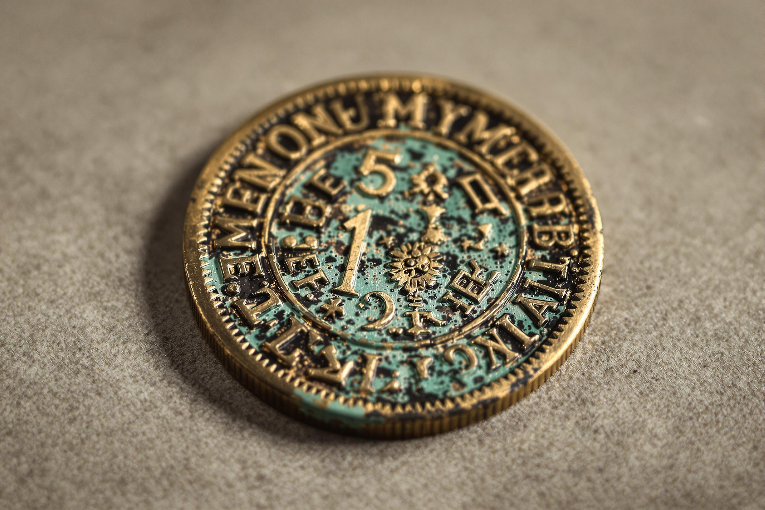 A macro photo showcases a weathered ancient coin resting on a neutral, textured surface. The coin's intricate engravings—showing faded symbols and worn text—glint with a mix of verdigris and brass under diffused studio lighting. Subtle shadows highlight raised patterns while emphasizing the circular imperfections from centuries of age.