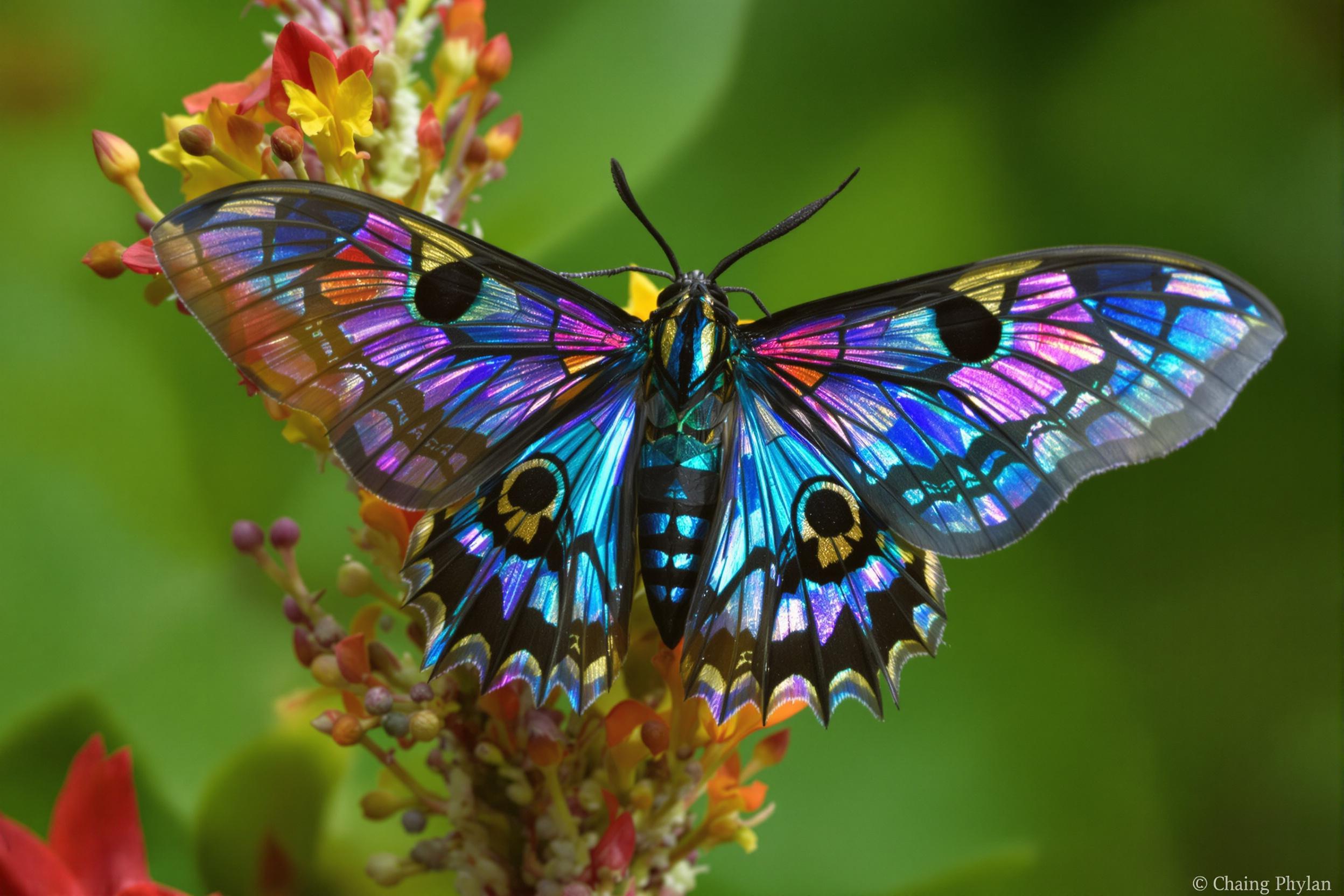 An elaborate jewel-toned moth perches on a vivid tropical flower under soft daylight. Its iridescent wings shimmer with blues and purples, showcasing patterns reminiscent of stained glass. The textured flower's petals contrast with the moth's sleek, symmetrical body. A blurred green backdrop adds subtle depth while maintaining focus on the foreground's intricate details.