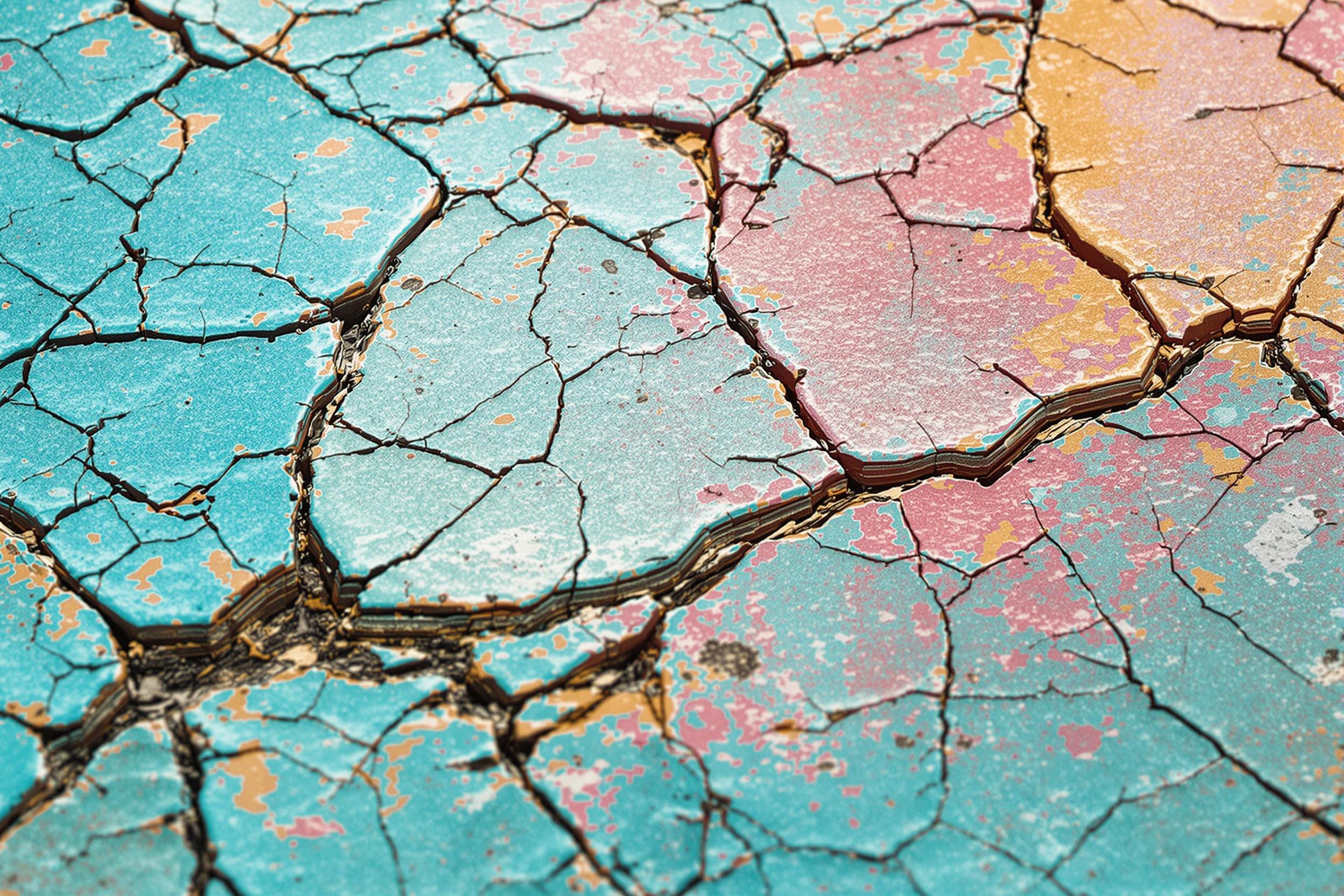 The macro lens captures a vivid close-up of cracked multicolored paint on a weathered surface, revealing intricate, fractured lines and layered textures. Shades of turquoise, coral, and ochre interplay under soft, diffused light that brings out the subtle depth of peeling layers and organic contours.