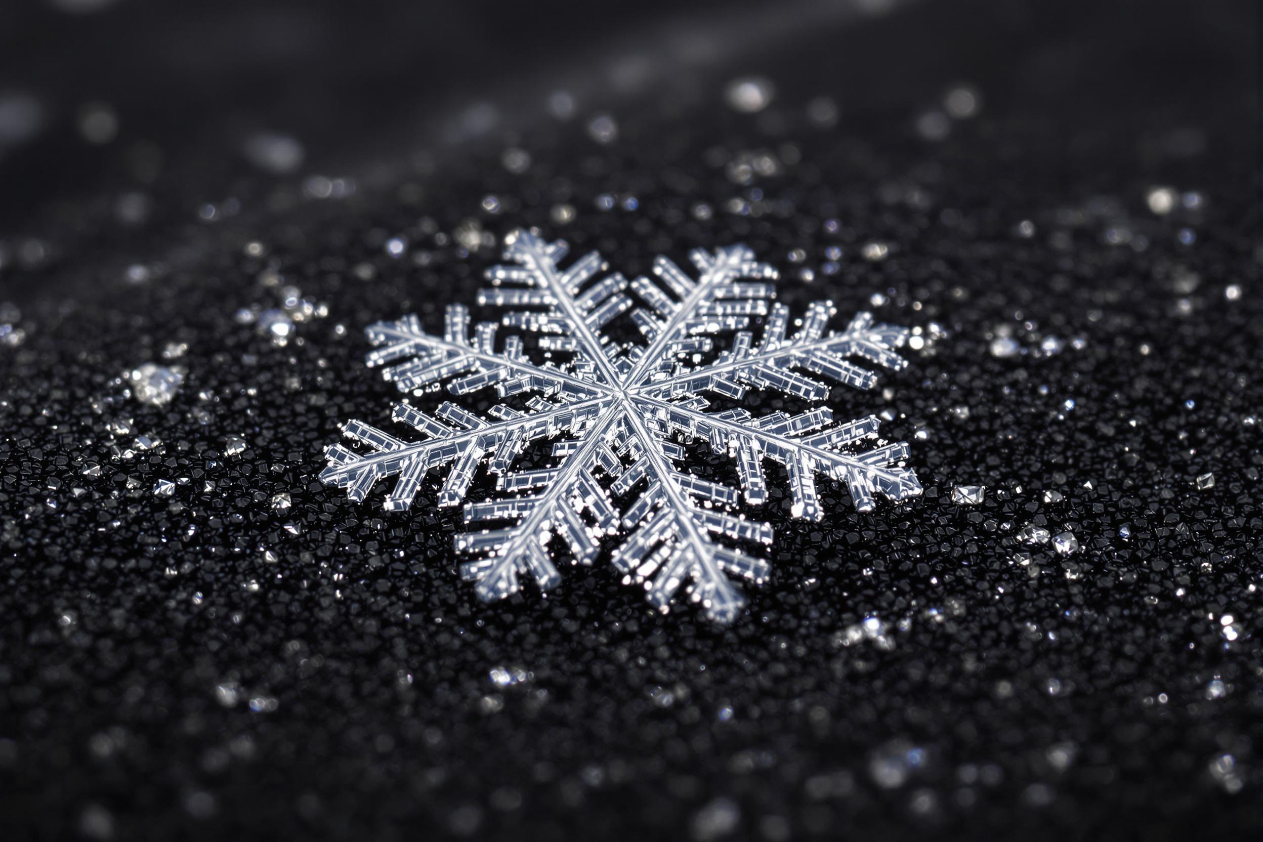 An extreme macro image captures a single snowflake resting delicately on a dark, textured fabric. The snowflake's intricate, symmetrical crystal patterns glisten under focused, bright studio lighting. Soft shadows emphasize its transparent edges while the fine threads of the fabric provide subtle contrast against the sharply detailed snowflake.