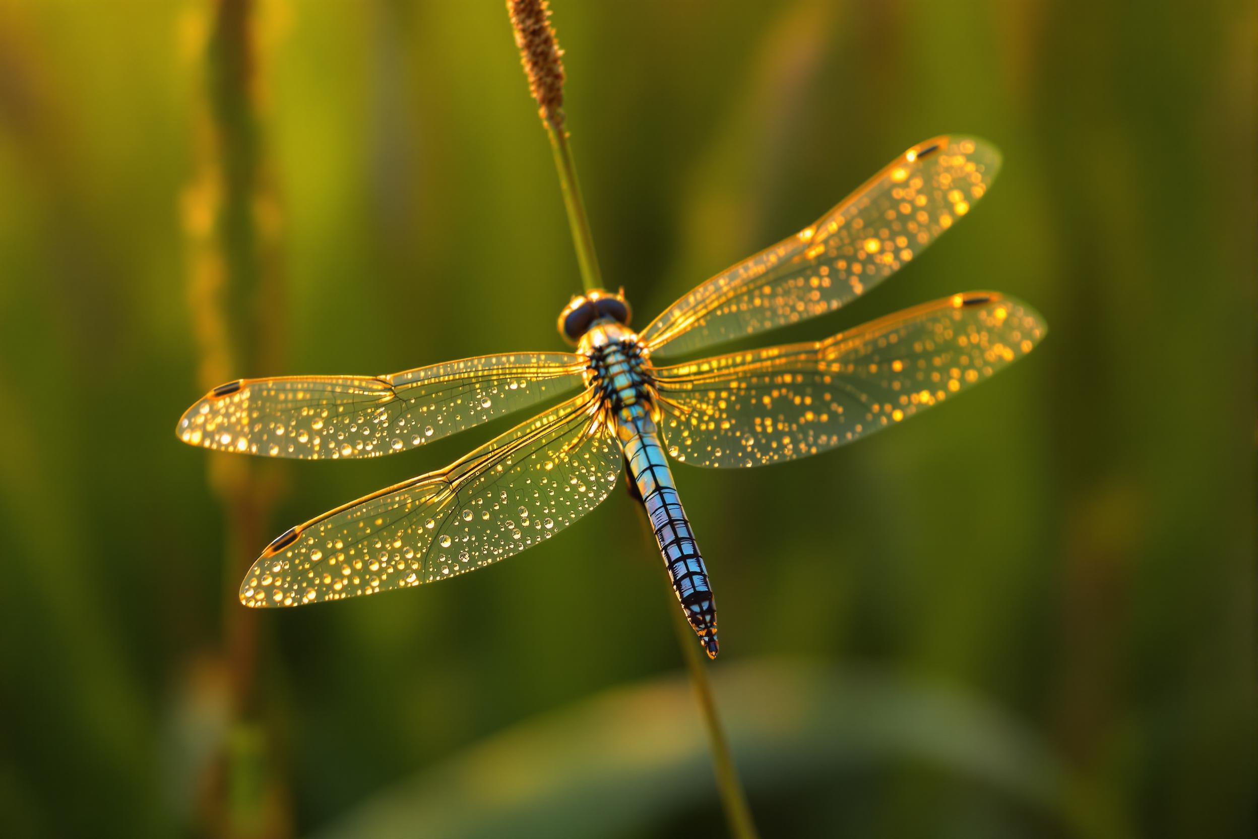 An extreme macro shot captures a dragonfly amidst tall grass during sunrise. Dewdrops cling to its translucent wings, refracting soft golden light. The insect's iridescent body contrasts against blurred green and brown stems in the background, drawing attention to its shimmering patterns and textures.