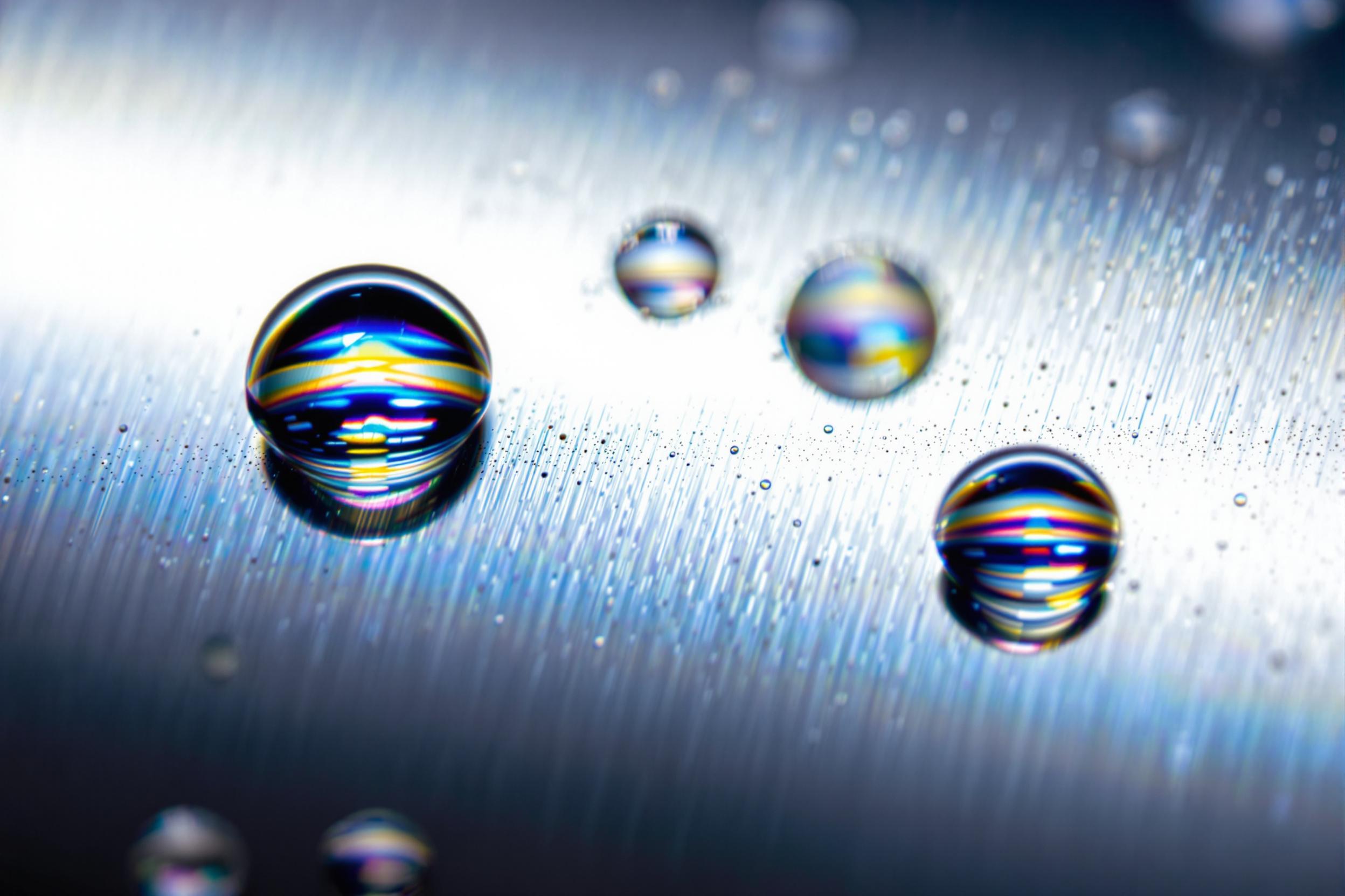 A macro photograph captures water droplets balanced delicately on polished metal under dramatic lighting. Each droplet magnifies vibrant reflections with crisp clarity, contrasting the smooth, reflective metallic surface against the soft curvature of the liquid. Subtle gradients reveal surface imperfections, framed by shadowy edges.