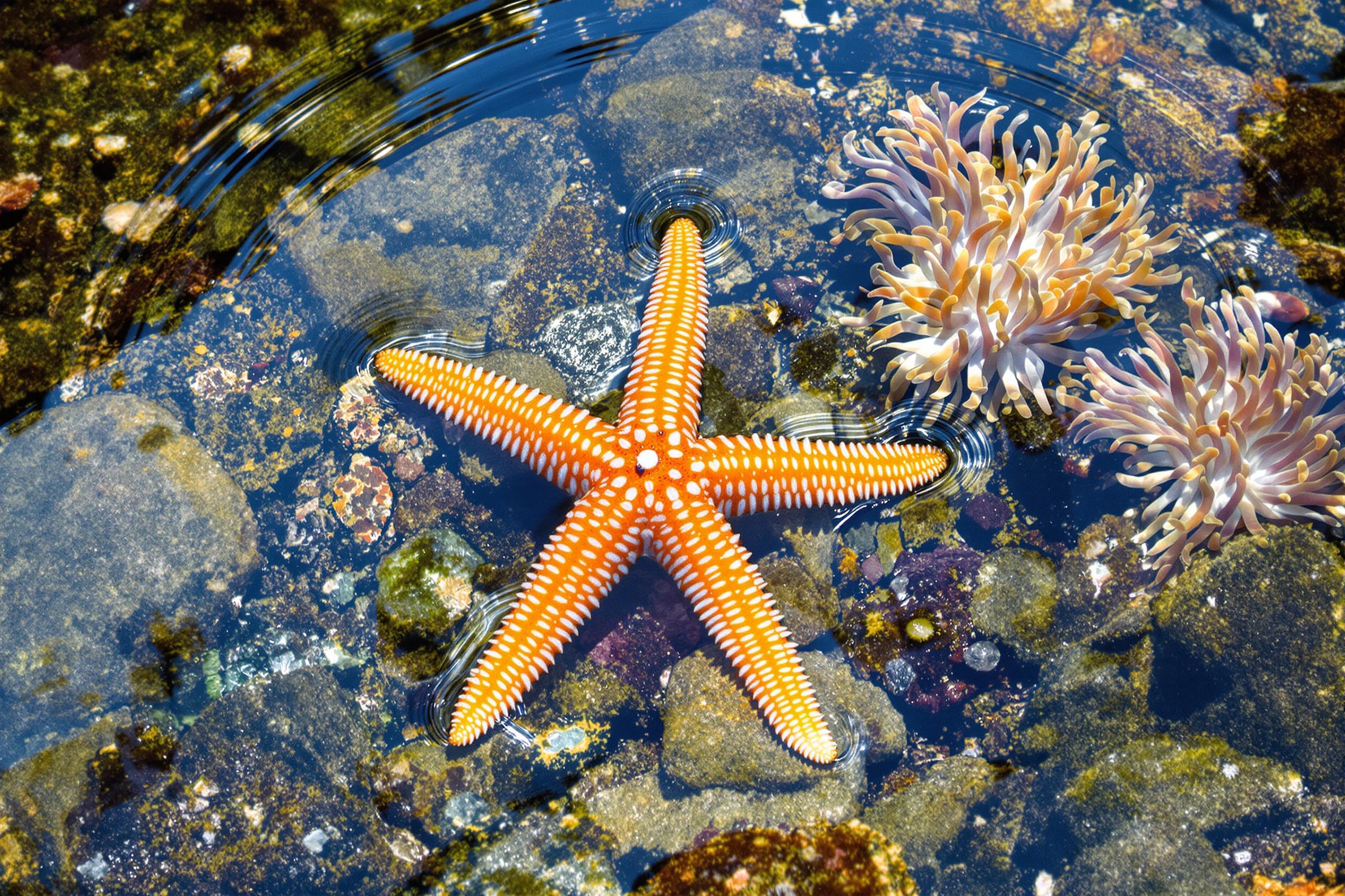 An intricate tide pool reveals a vibrant starfish surrounded by rich marine life, captured in a detailed macro view. Reflective water ripples surround the creature, magnifying colorful anemones, mossy rocks, and tiny shells scattered beneath the shallow surface. Natural light filters through, accentuating soft blues and greens alongside the starfish’s vivid orange hue.