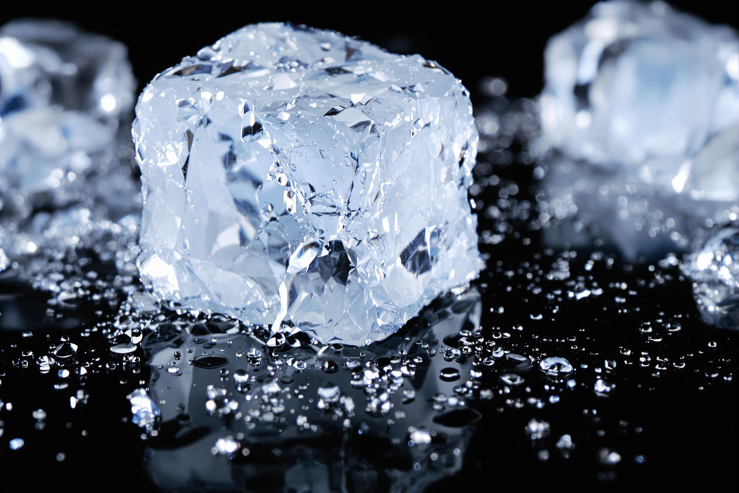 An extreme close-up captures the intricate textures of a partially melted ice cube resting on a glossy surface under bright studio lights. Detailed crystalline structures glisten alongside dew-like water droplets that form rippling trails across the black tabletop. Clear whites and cool blues dominate, evoking a refreshing yet fleeting moment.