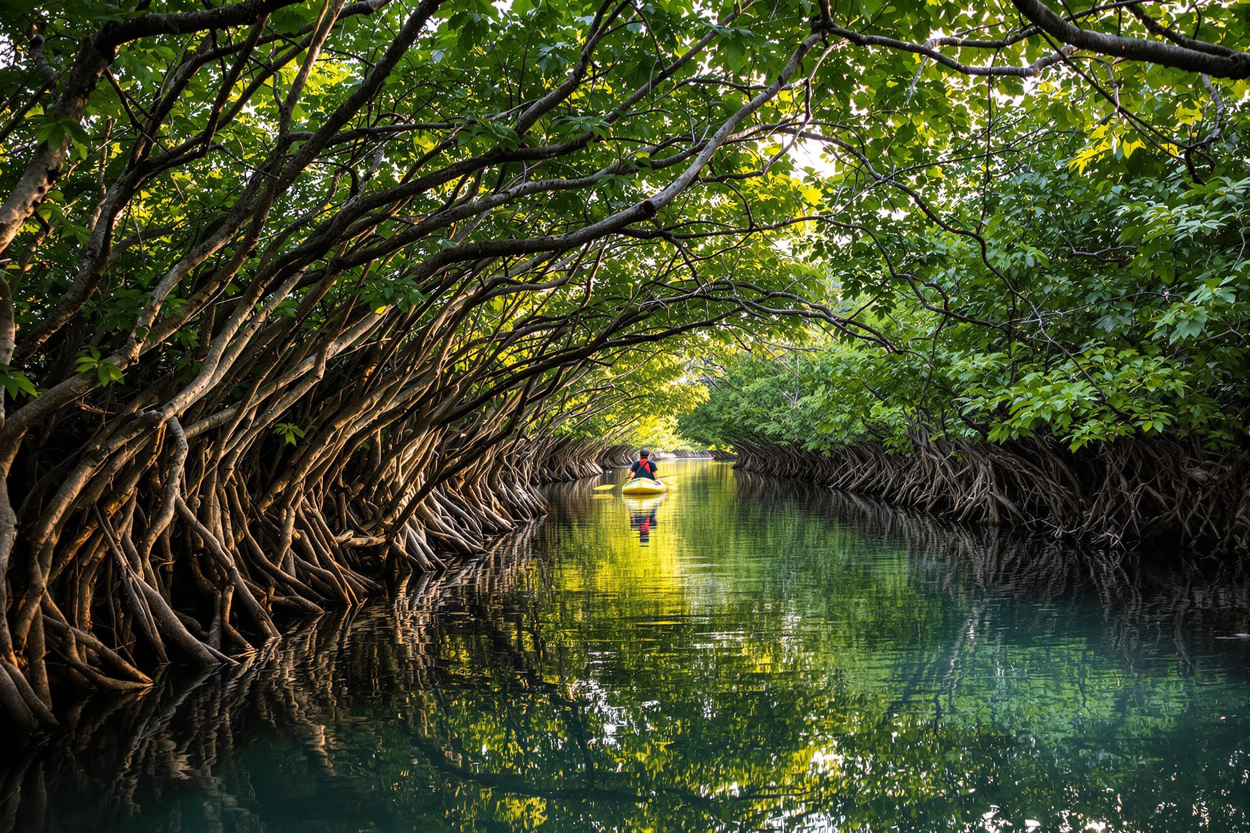 A lone kayaker glides through a narrow channel in a lush mangrove forest. The still water mirrors the dense arch of intertwined branches overhead, illuminated by diffused golden evening light. Twisting roots line the pathway, adding natural texture. The scene conveys peace and exploration amidst pristine wilderness.