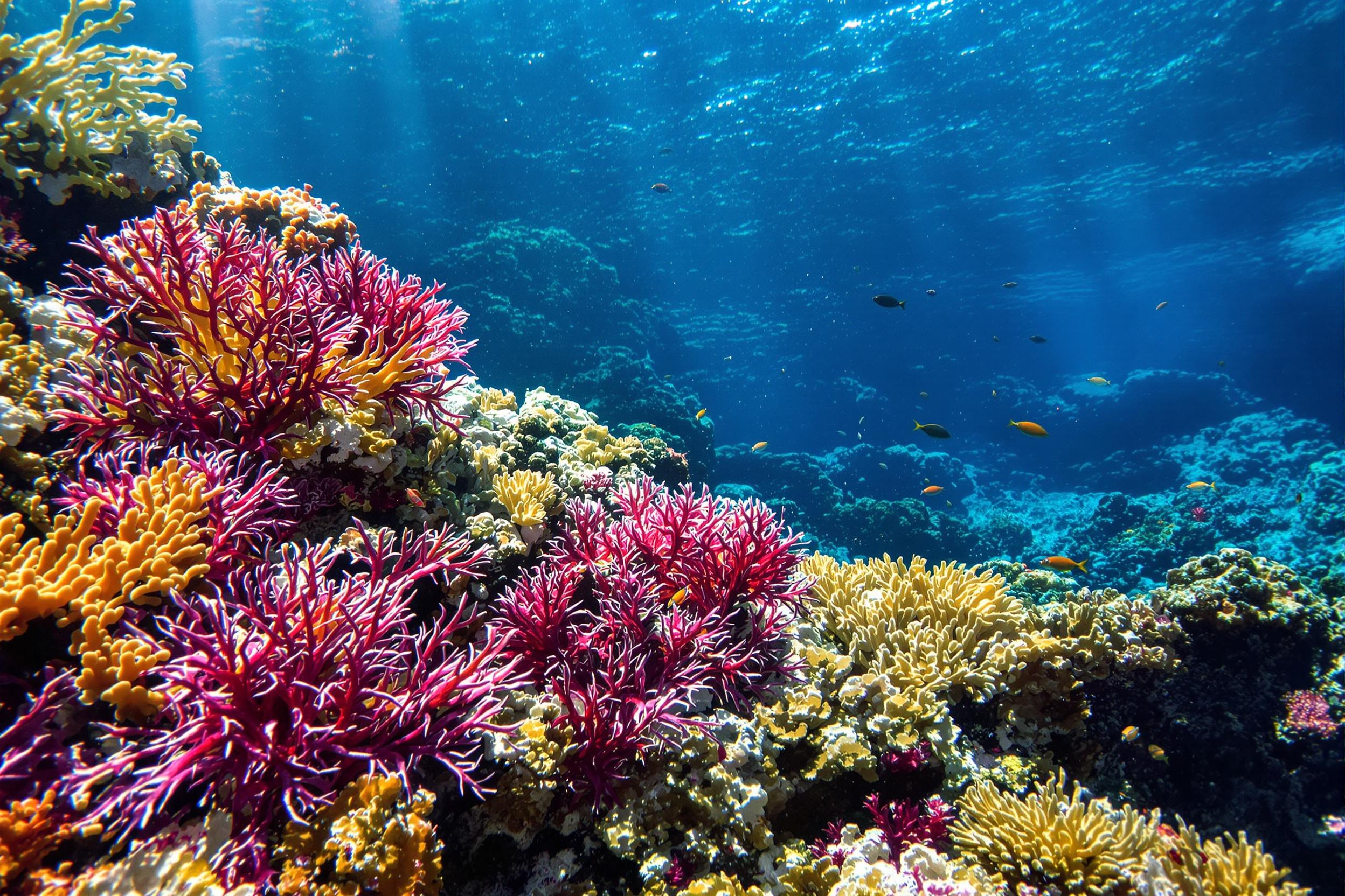 A vibrant coral cavern under the ocean is teeming with life amid transparent azure waters. Crimson and magenta sea fans intertwine with golden tube sponges along jagged rock formations. Tiny shrimp and bright fish shimmer as they dart through sunbeams filtering down in layers, creating a lively, submerged world.