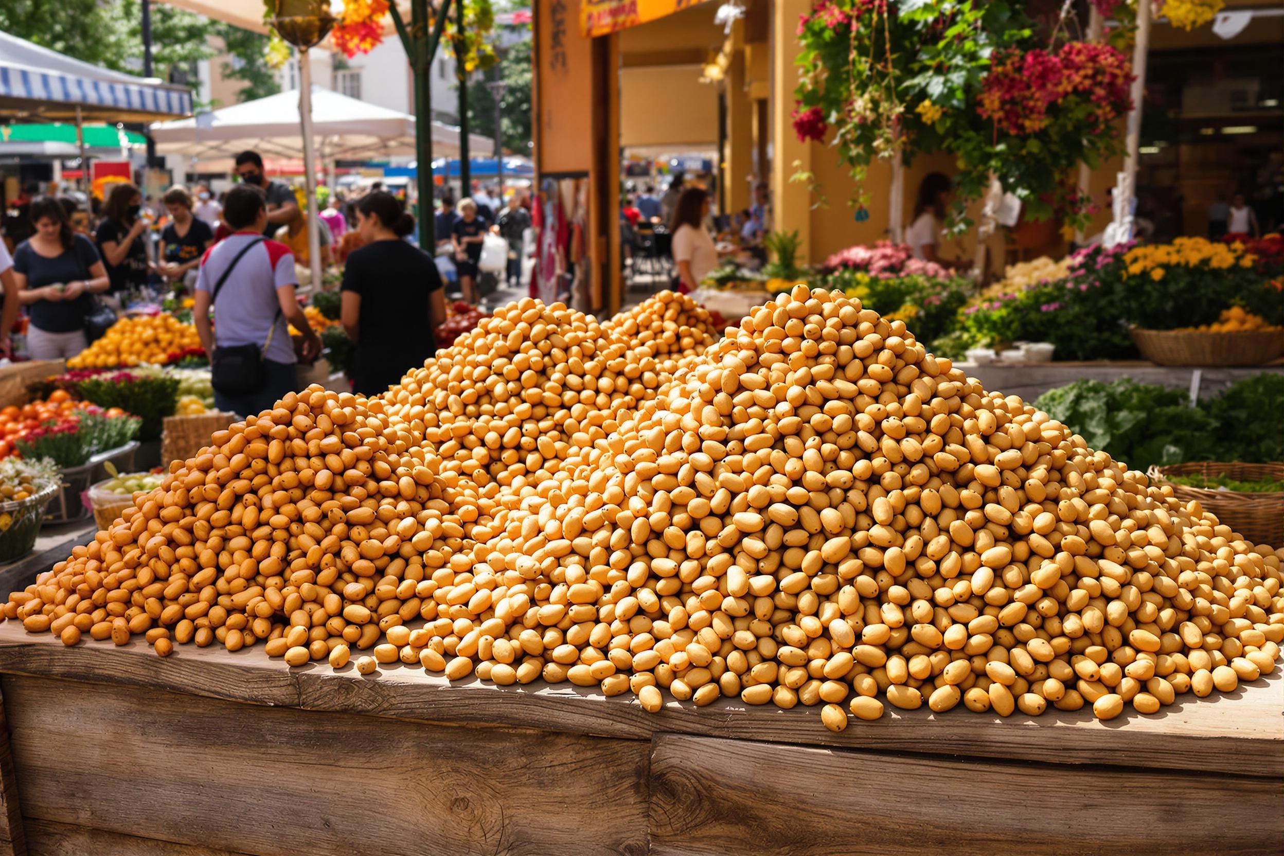 A bustling outdoor market captures a vibrant display of inshell peanuts piled high on a rustic wooden table. Warm sunlight bathes the scene, highlighting the rich golden-brown hues of the peanuts against the textured wood. Shoppers can be seen browsing nearby stalls filled with fresh produce and colorful flowers, creating a lively atmosphere.